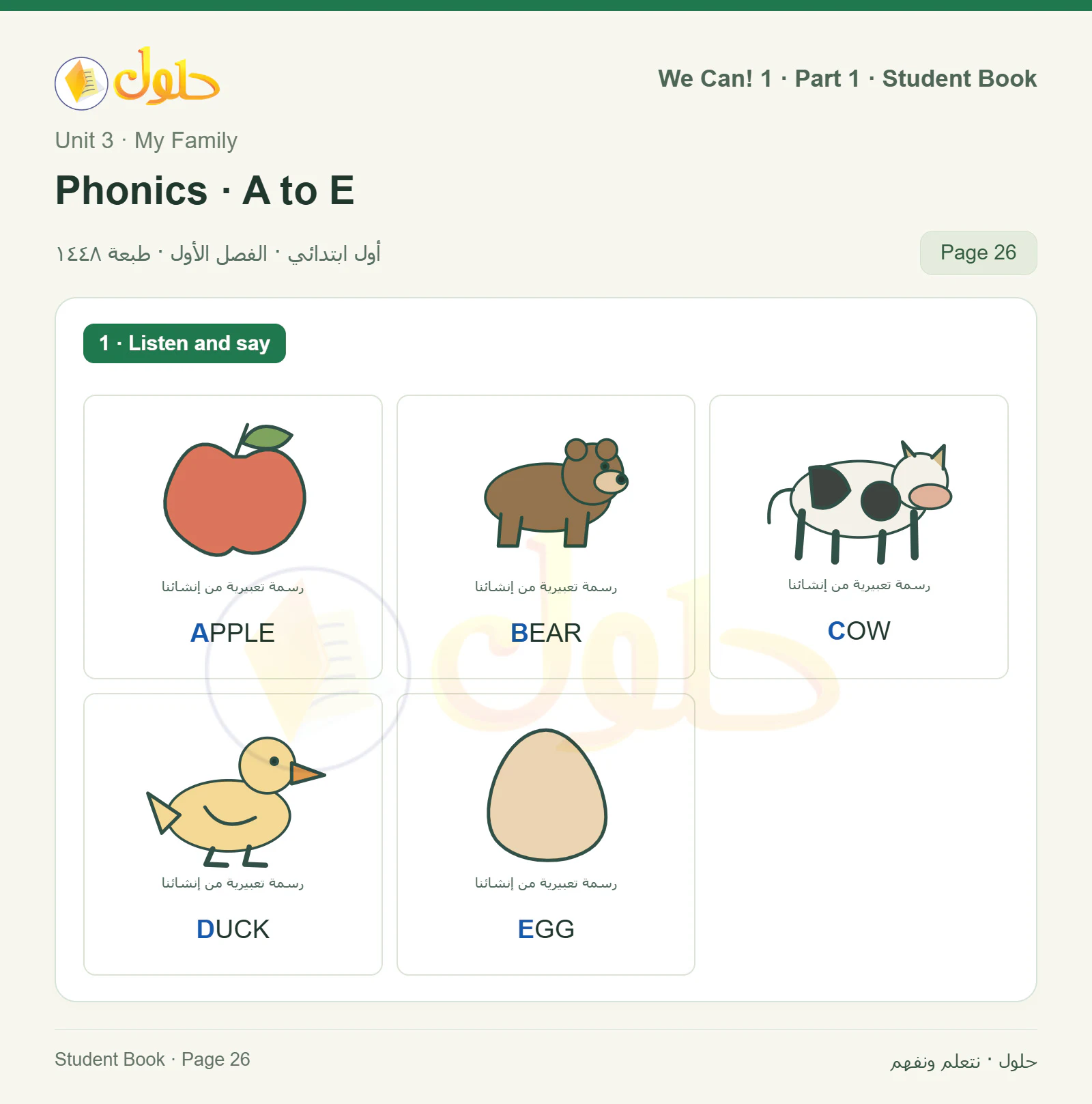 حل اللغة الإنجليزية للصف الأول الابتدائي كتاب الطالب صفحة 26 الجزء 1