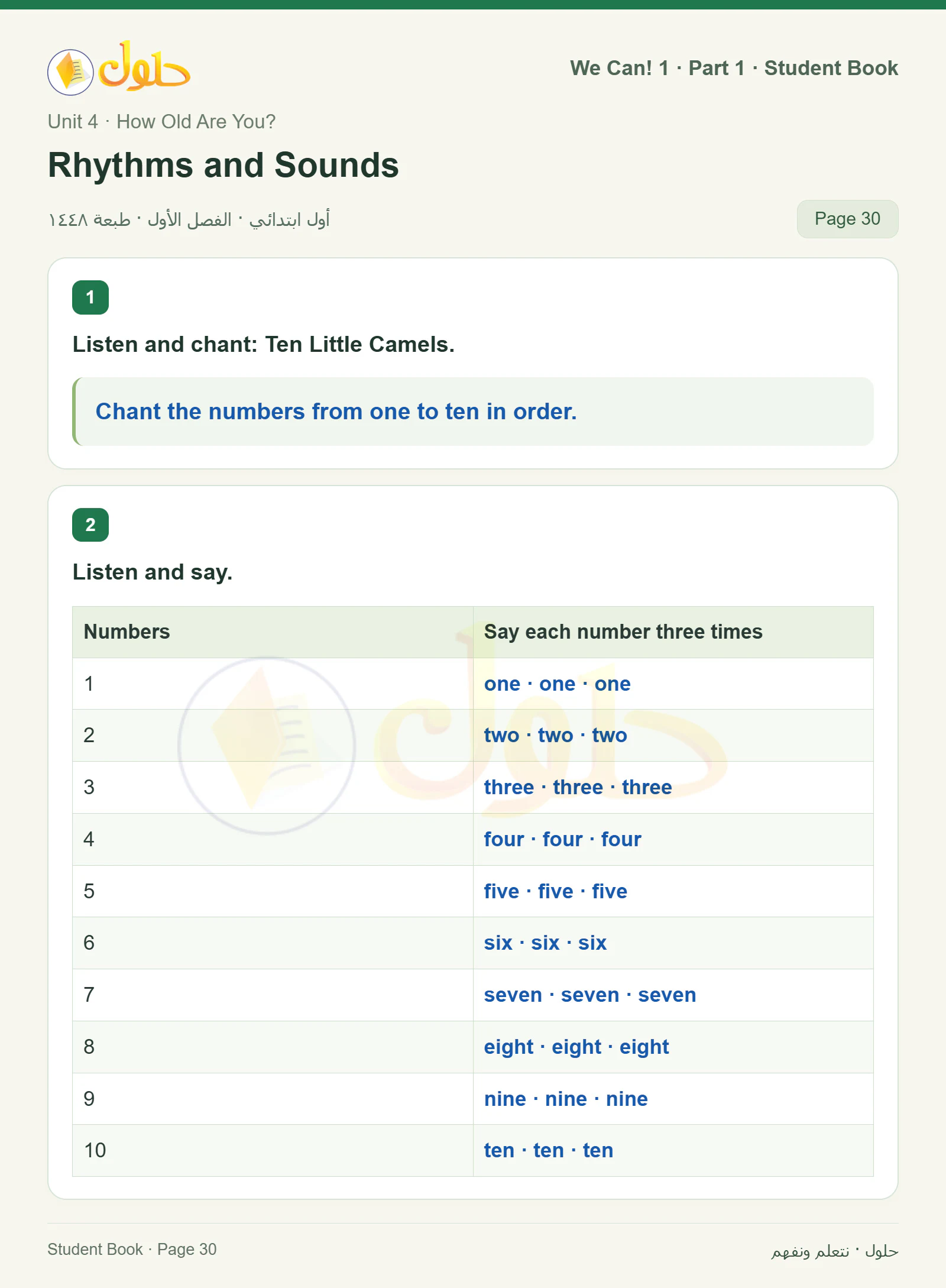 حل اللغة الإنجليزية للصف الأول الابتدائي كتاب الطالب صفحة 30