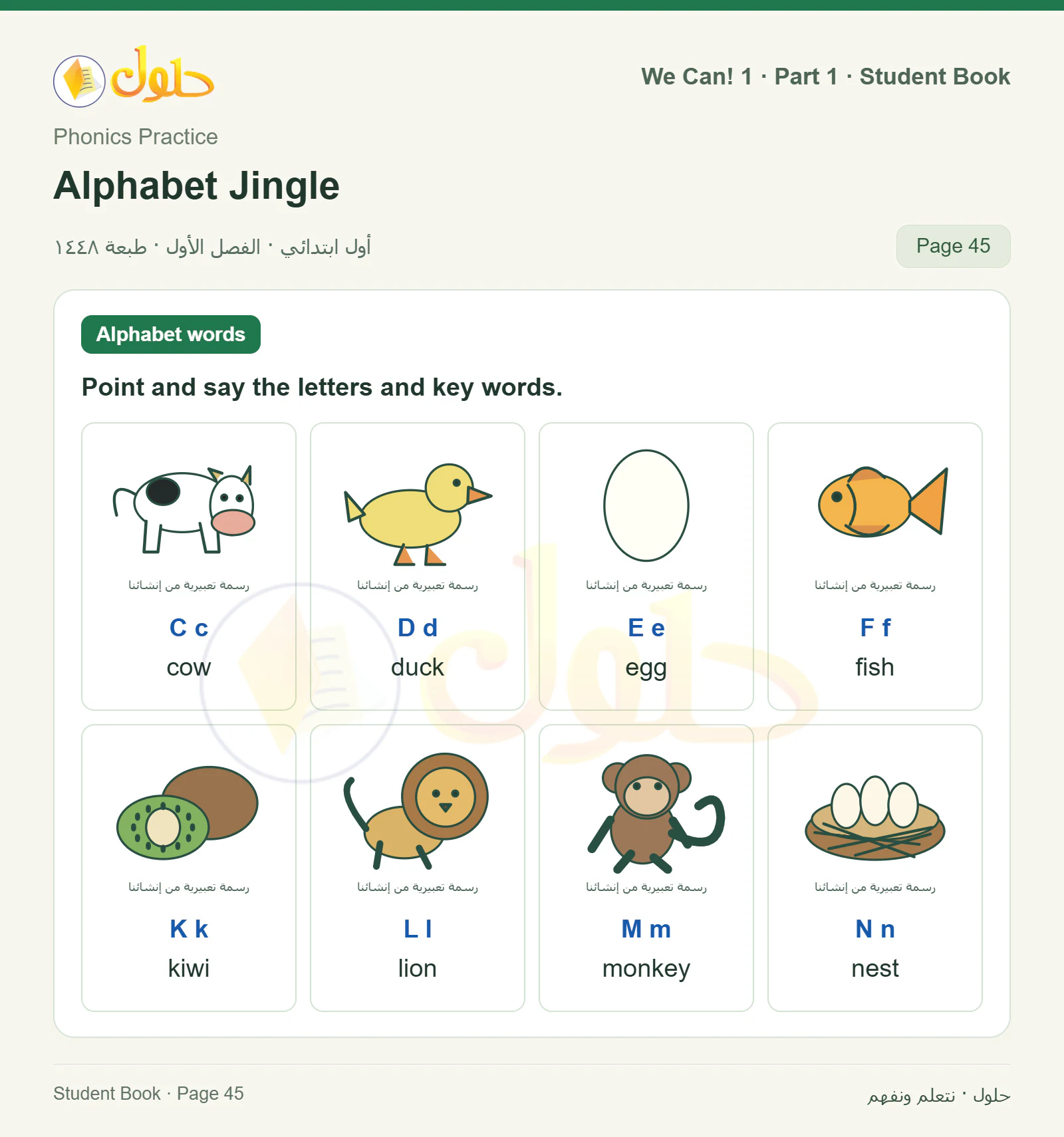 حل اللغة الإنجليزية للصف الأول الابتدائي كتاب الطالب صفحة 45 الجزء 1