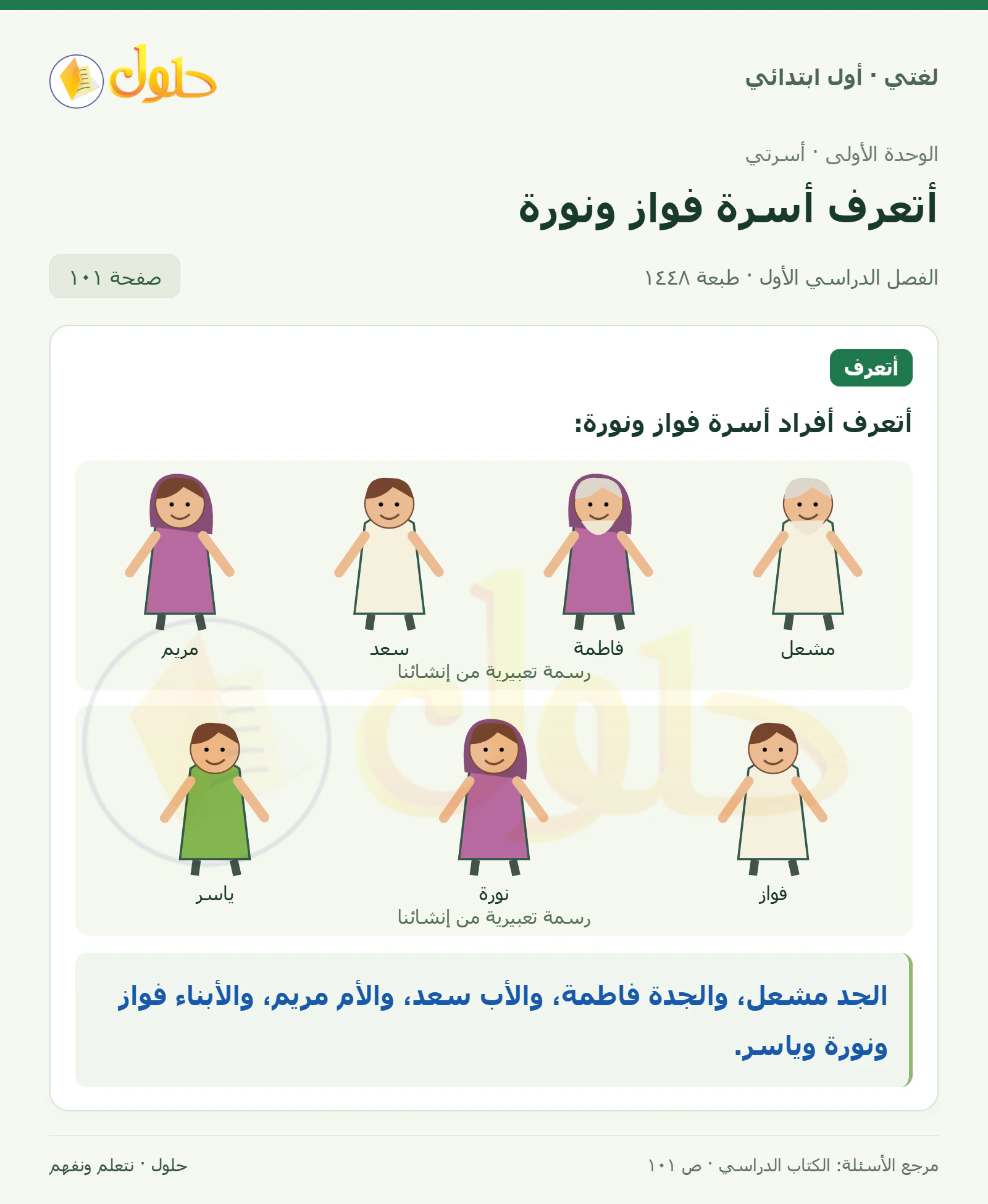 حل لغتي للصف الأول الابتدائي صفحة 101