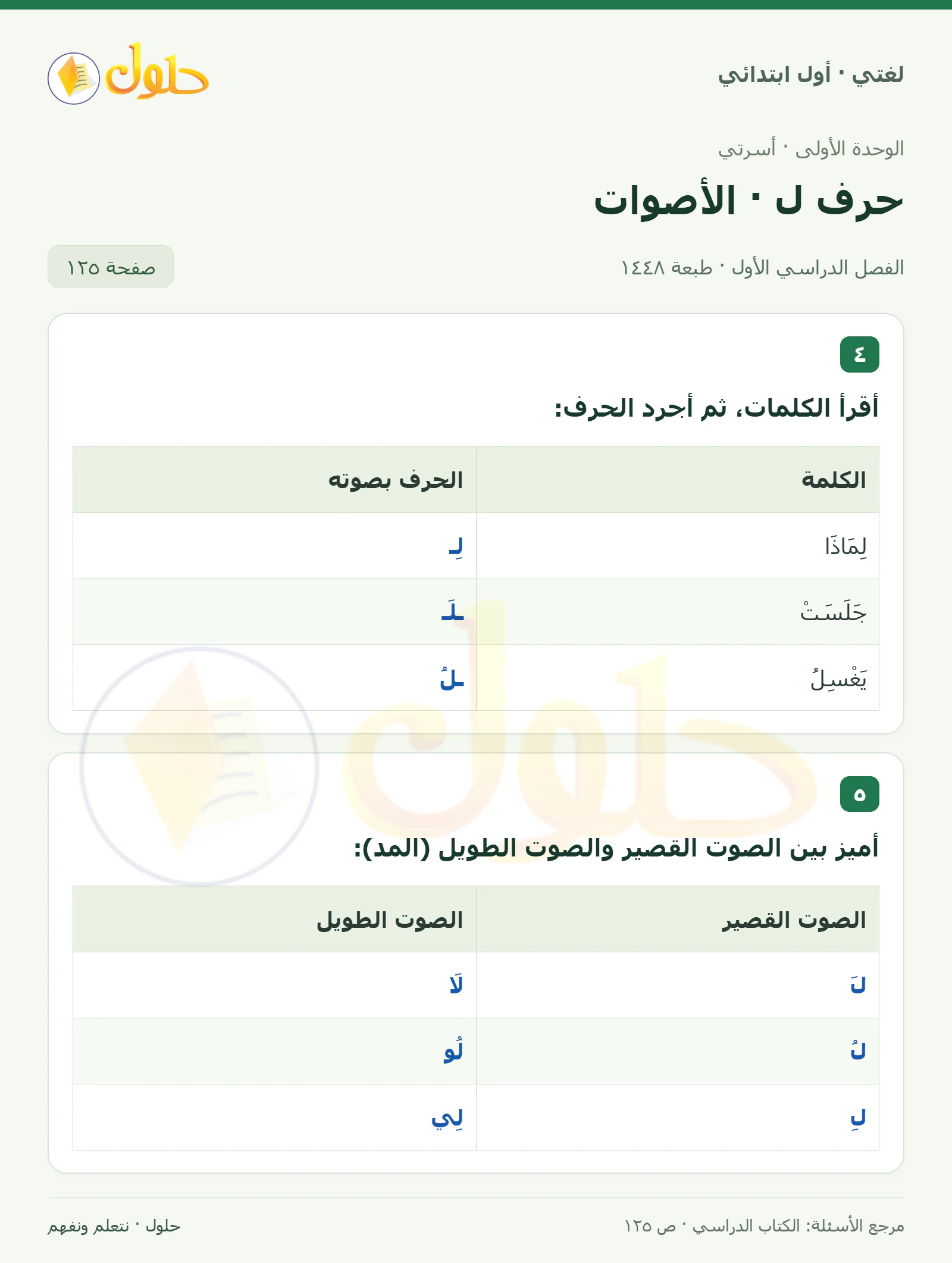حل لغتي للصف الأول الابتدائي صفحة 125