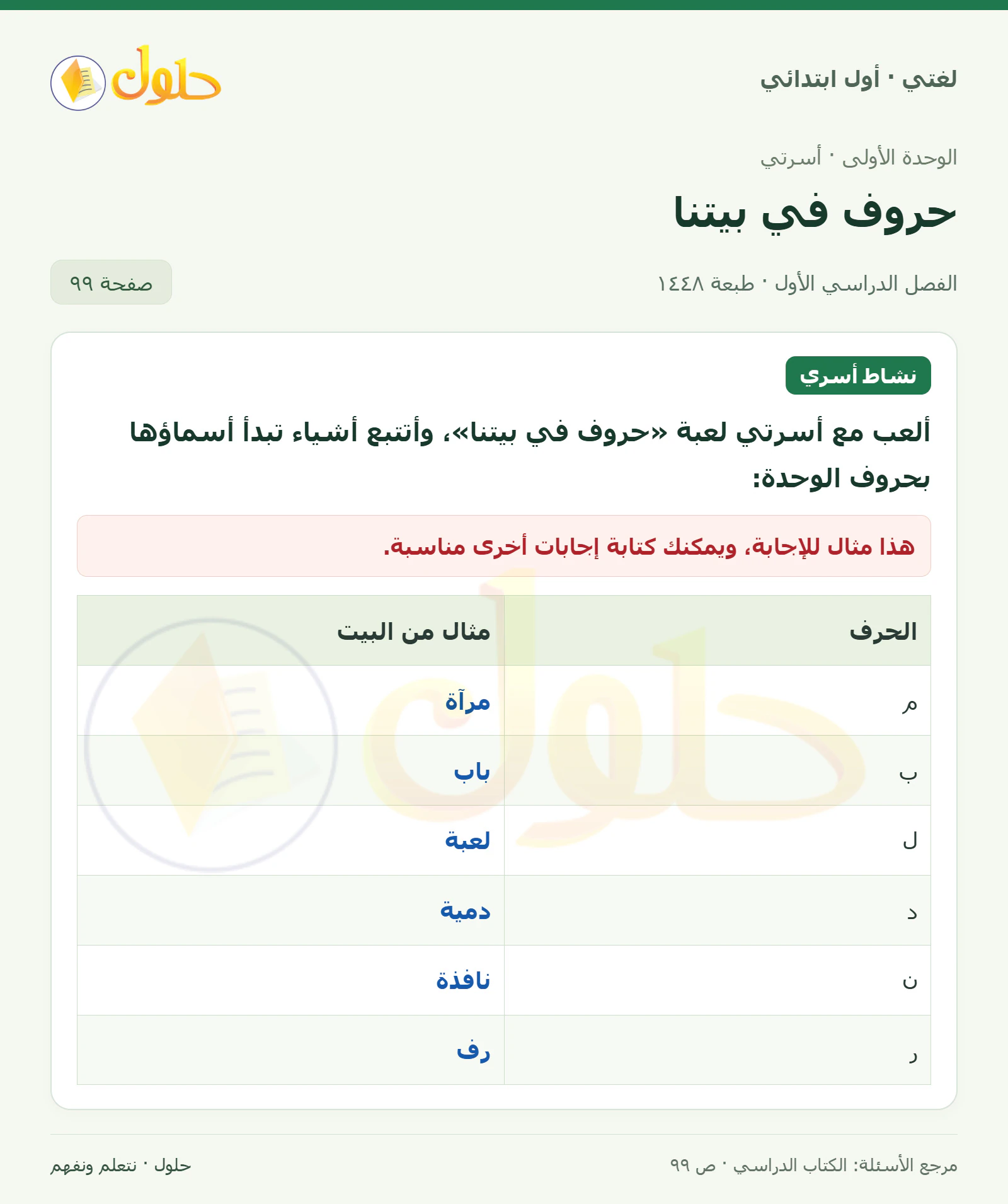 حل لغتي للصف الأول الابتدائي صفحة 99