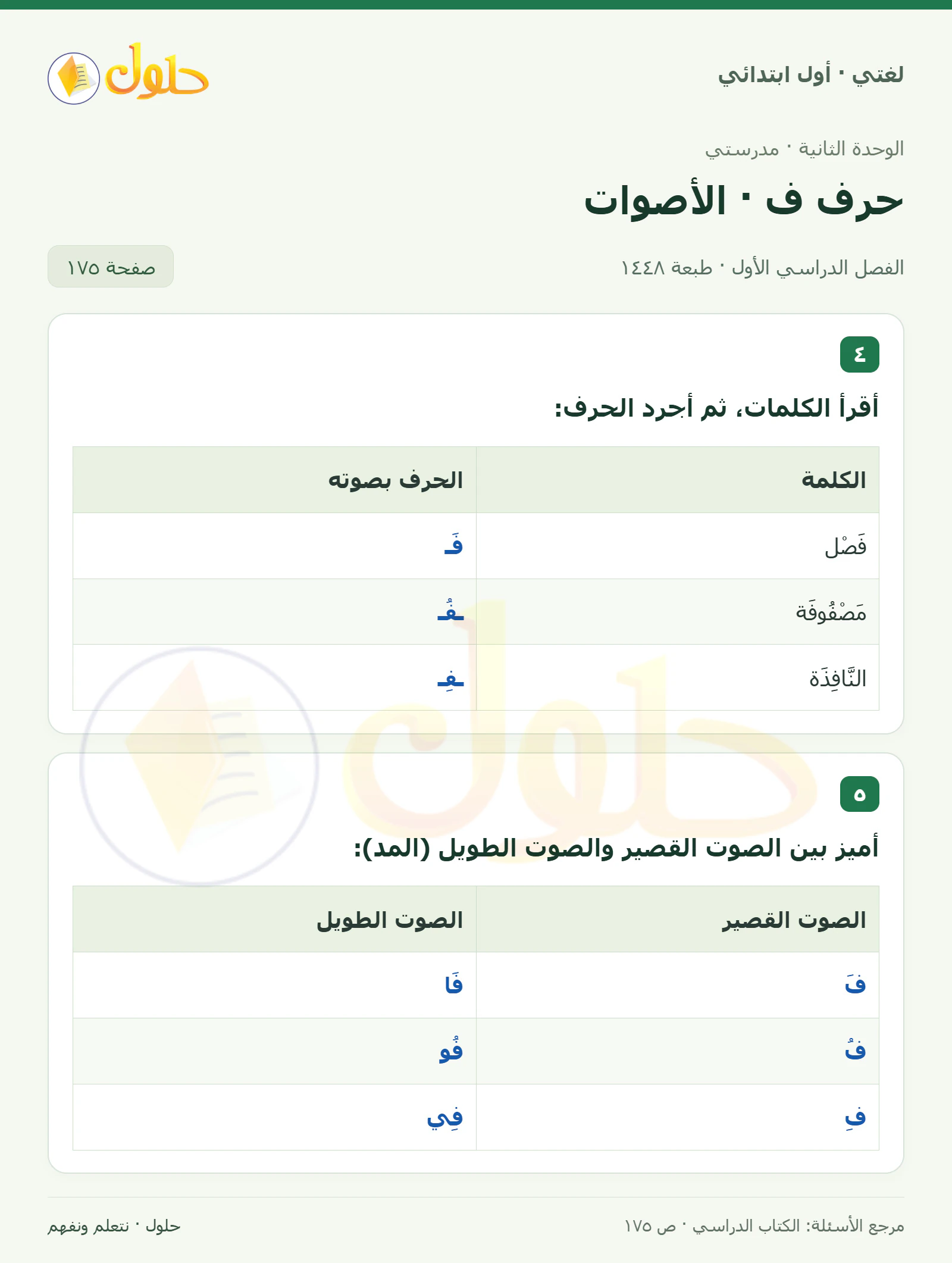 حل لغتي للصف الأول الابتدائي صفحة 175