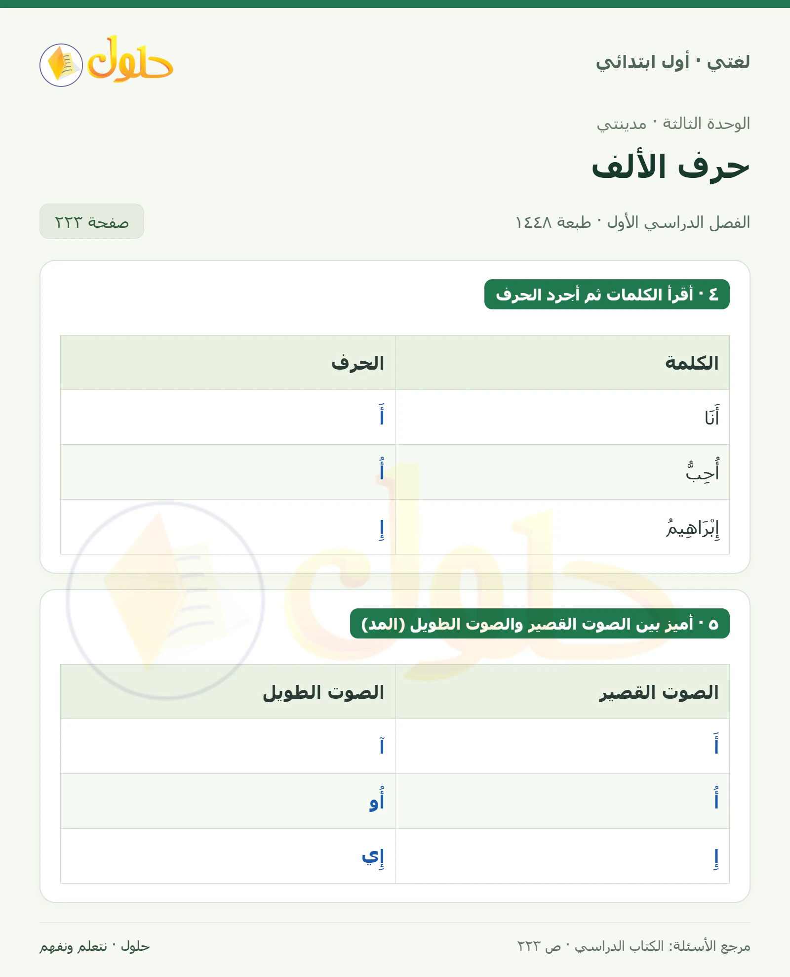 حل لغتي للصف الأول الابتدائي صفحة 223