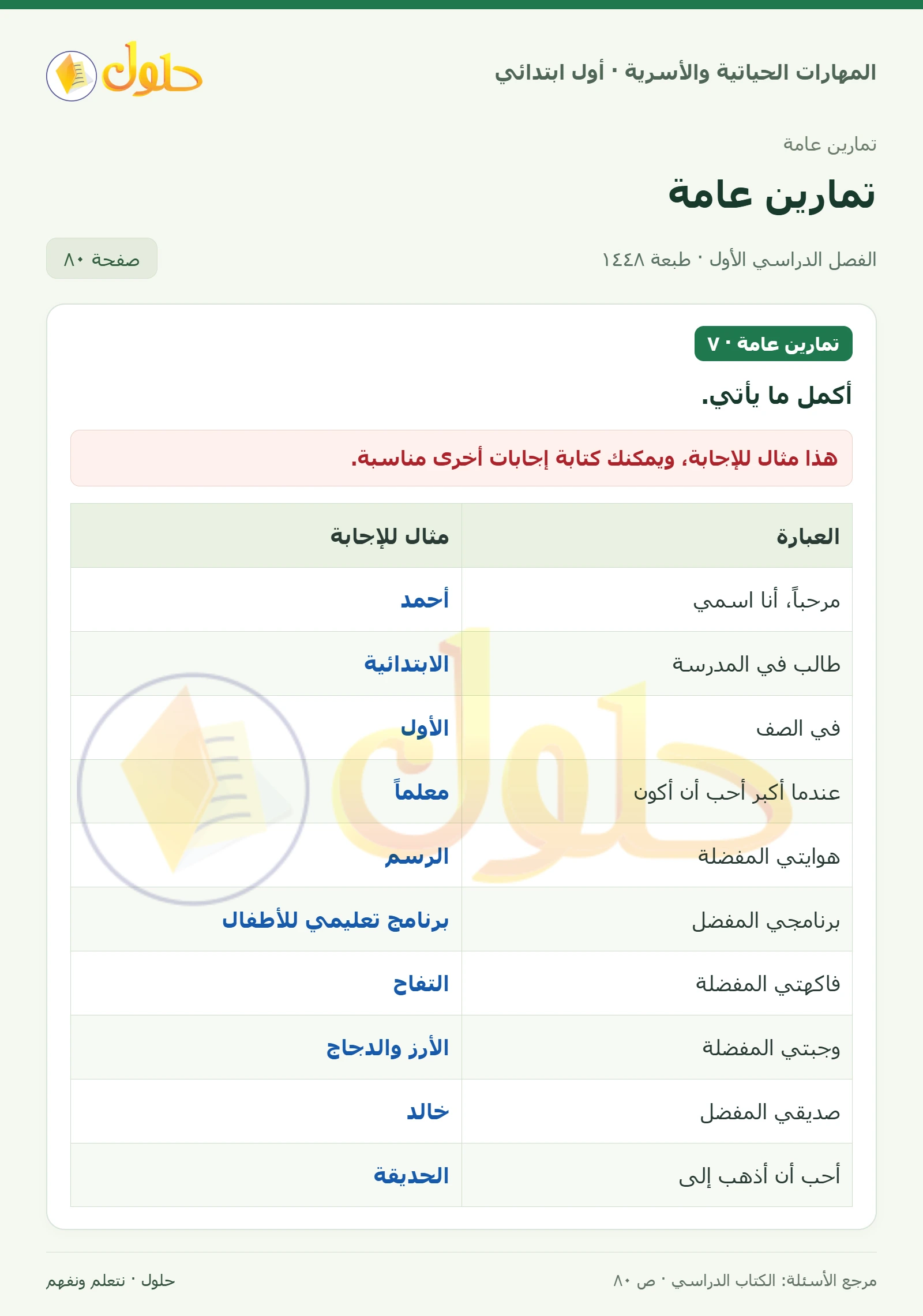 حل المهارات الحياتية والأسرية للصف الأول الابتدائي صفحة 80