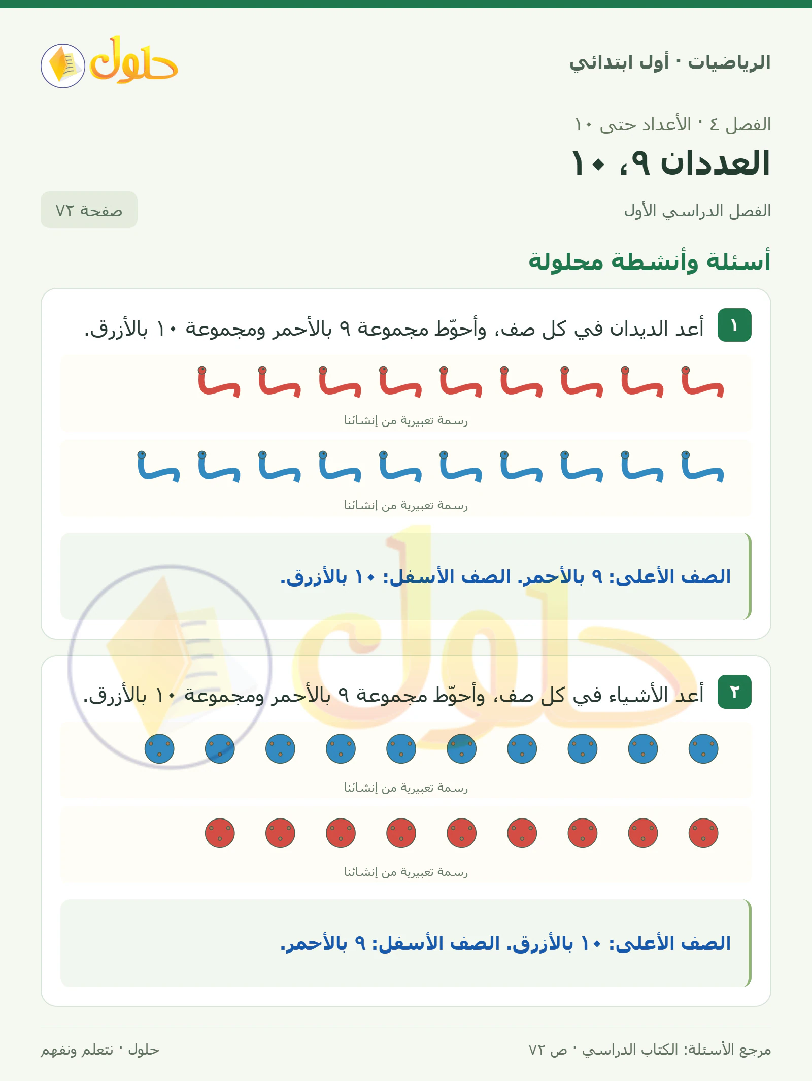 حل الرياضيات للصف الأول الابتدائي صفحة 72