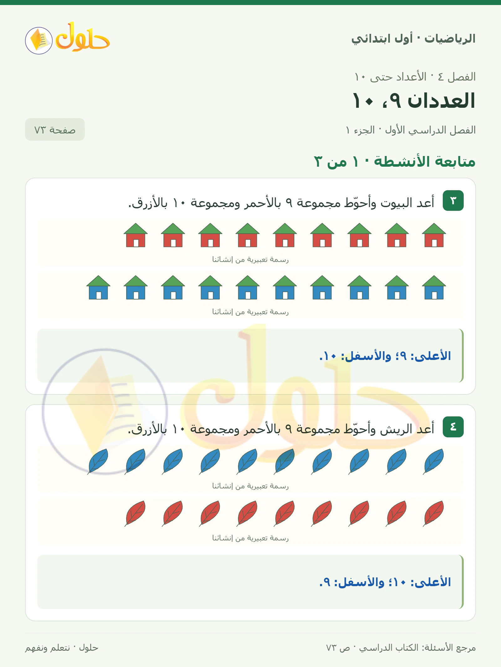 حل الرياضيات للصف الأول الابتدائي صفحة 73، الجزء ١ من ٣