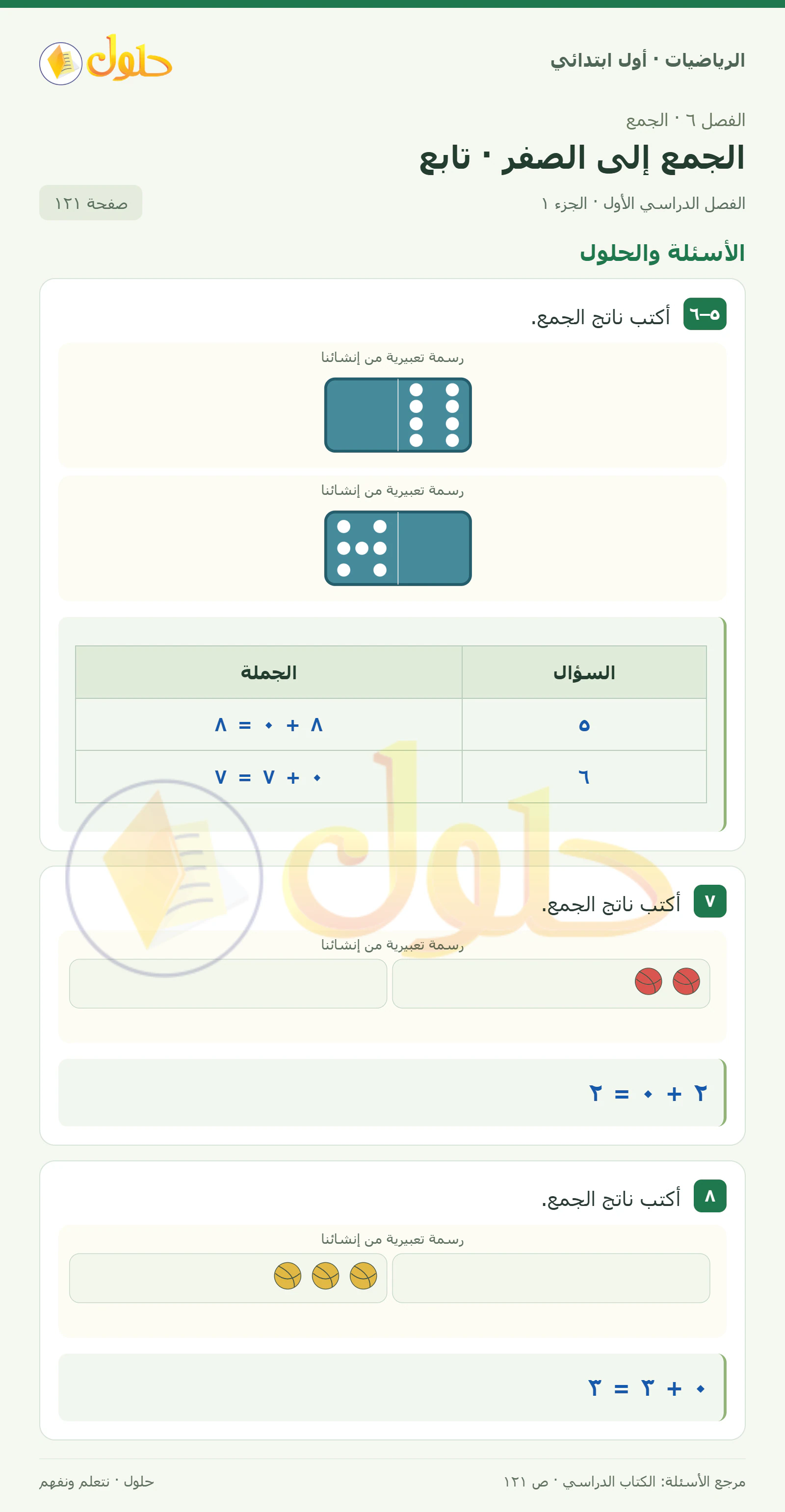 حل الرياضيات للصف الأول الابتدائي صفحة 121، الجزء ١ من ٢