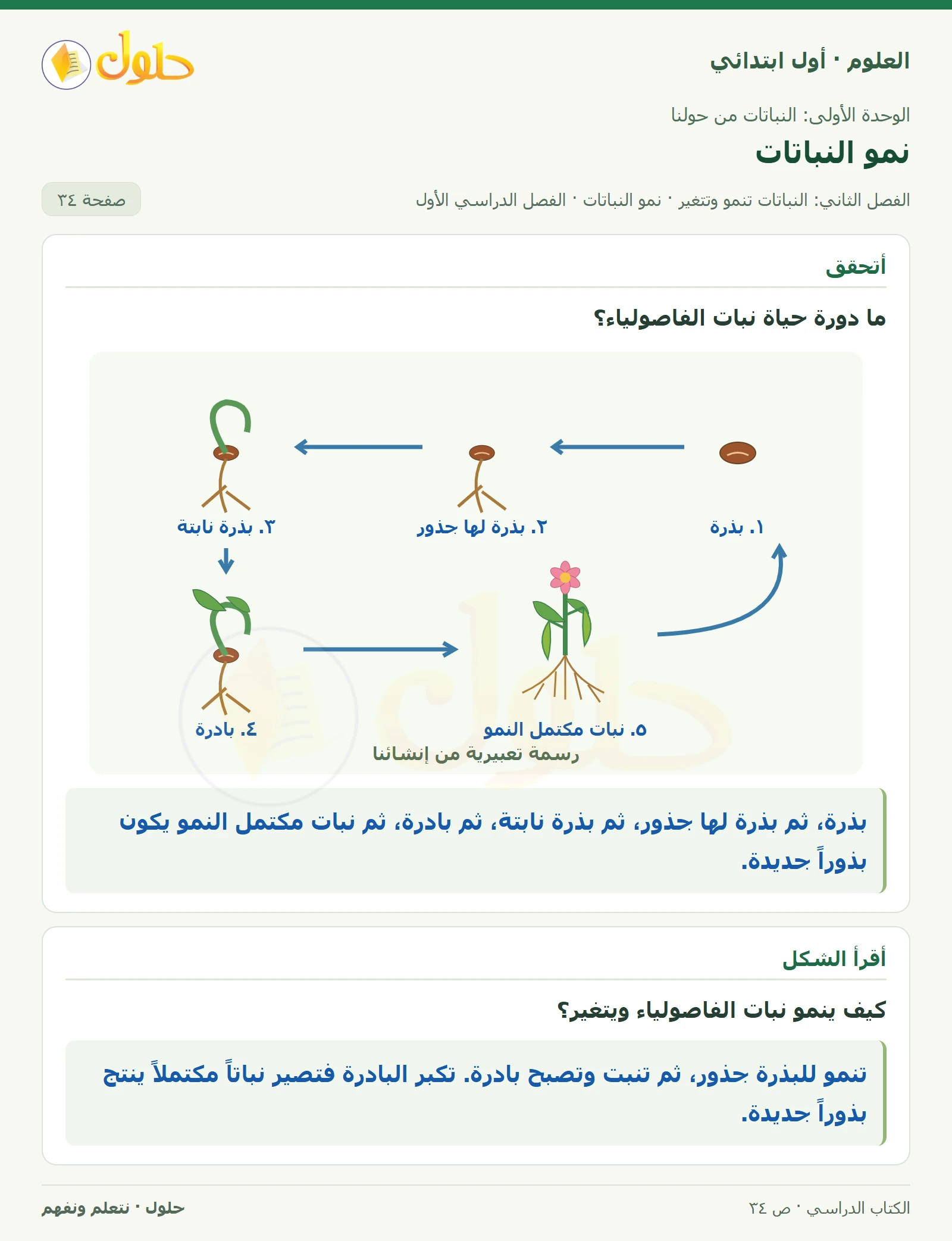 حل العلوم للصف الأول الابتدائي صفحة ٣٤