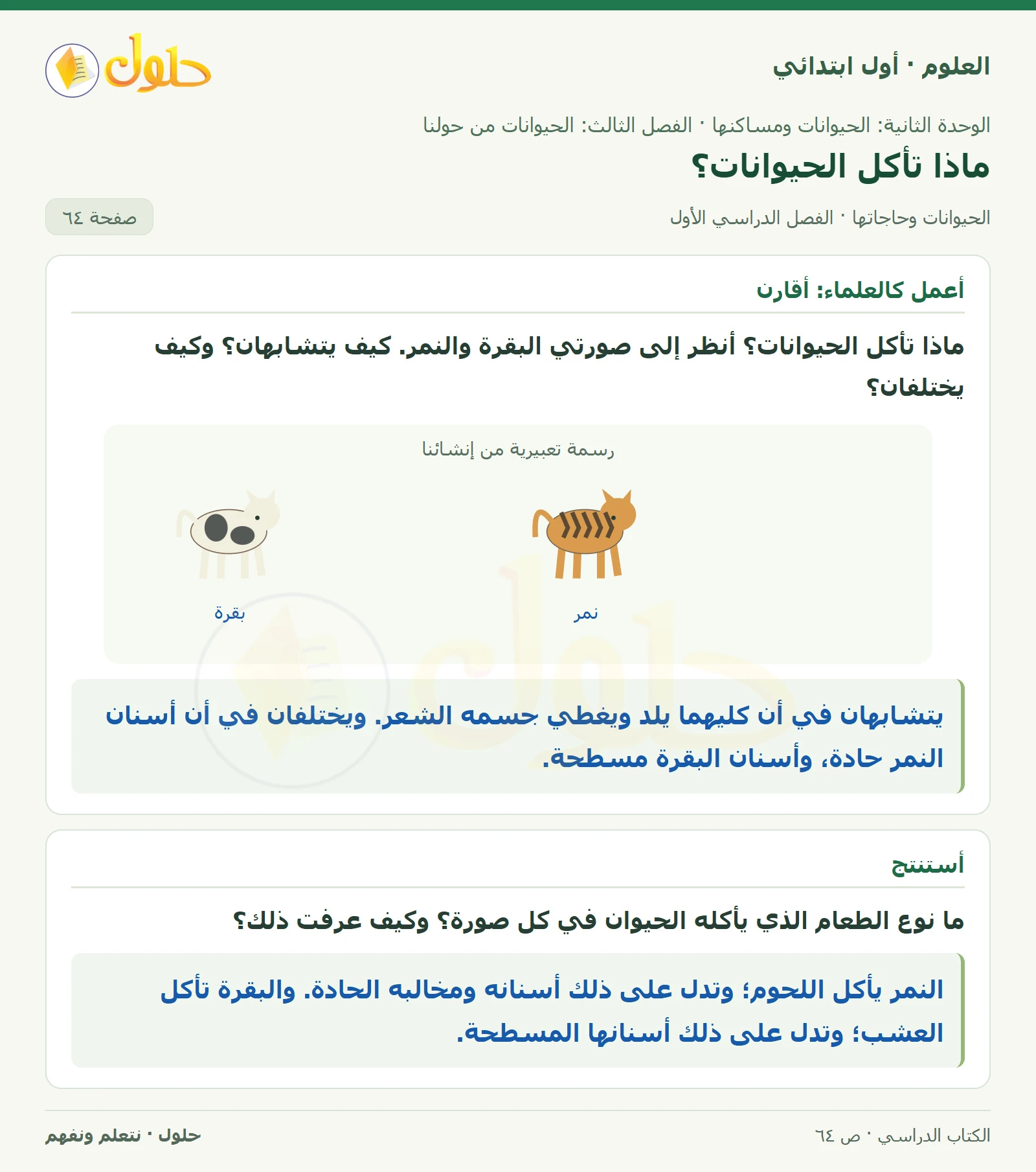 حل العلوم للصف الأول الابتدائي صفحة ٦٤