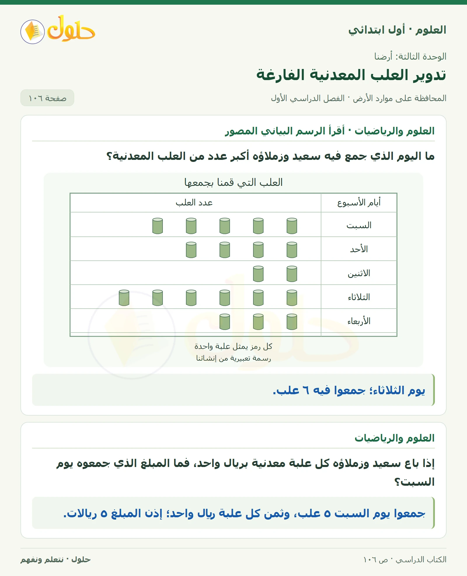 حل العلوم للصف الأول الابتدائي صفحة ١٠٦