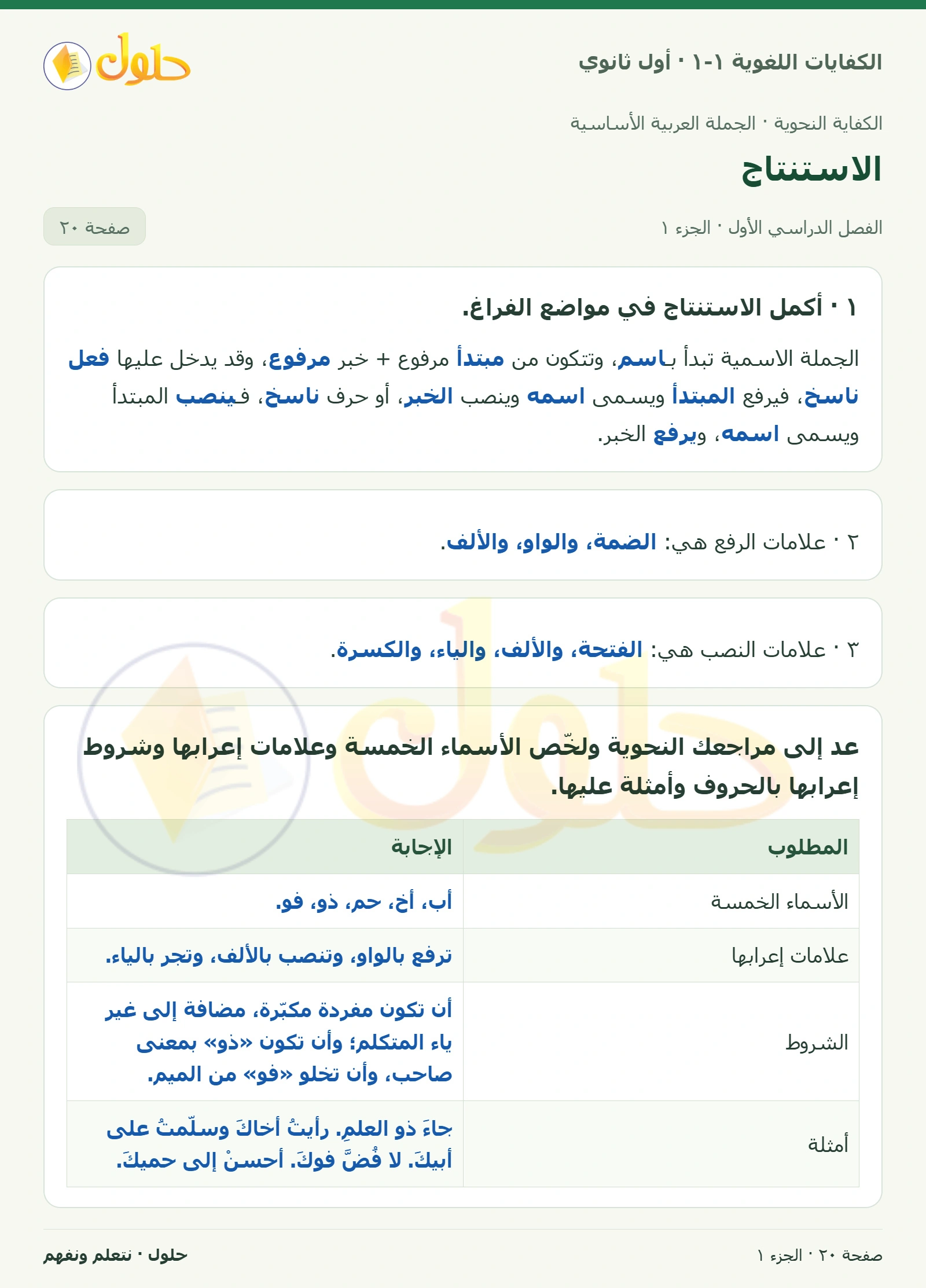 الاستنتاج صفحة ٢٠ من كتاب الكفايات اللغوية ١-١ لأول ثانوي