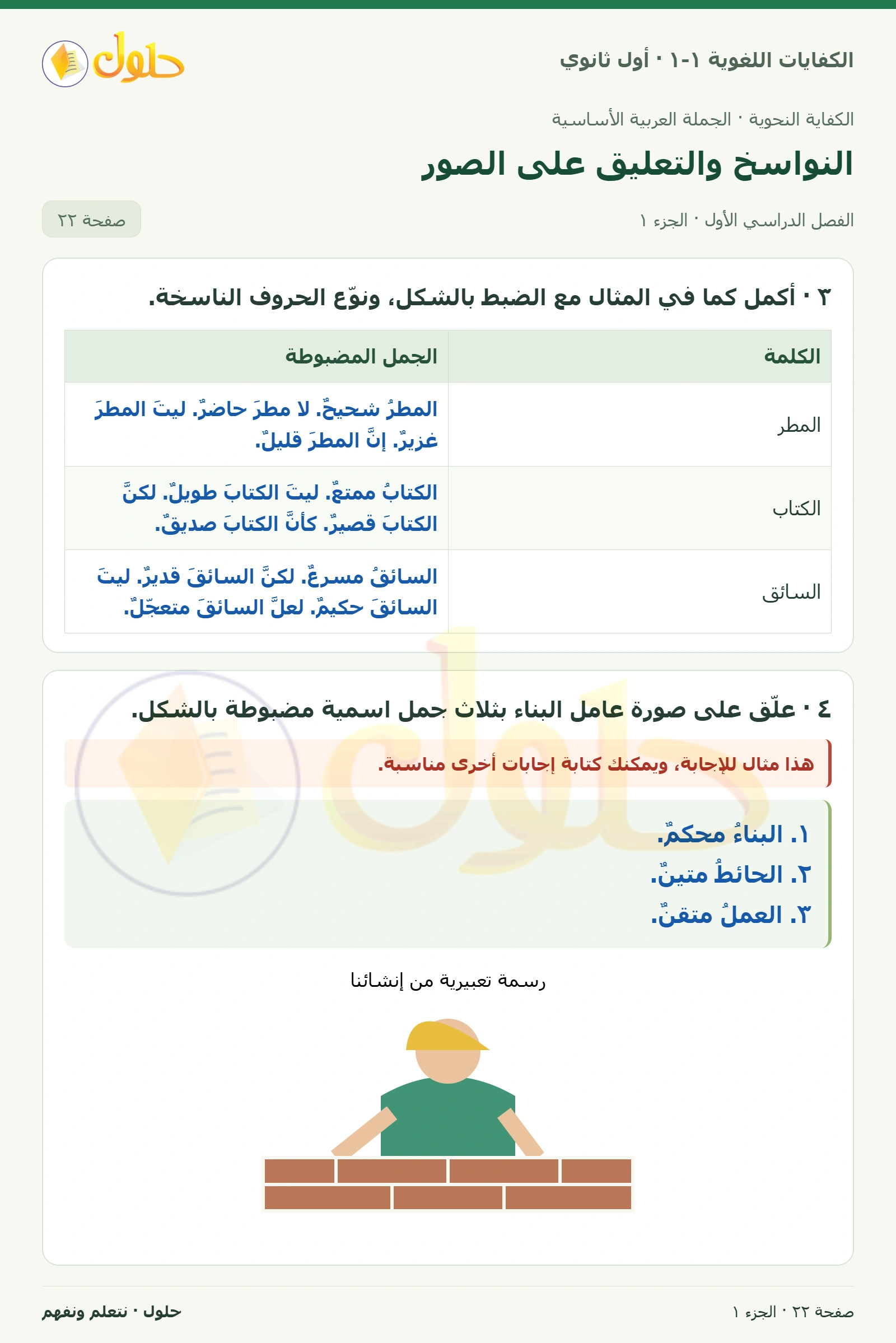 النواسخ والتعليق على الصور صفحة ٢٢ من كتاب الكفايات اللغوية ١-١ لأول ثانوي