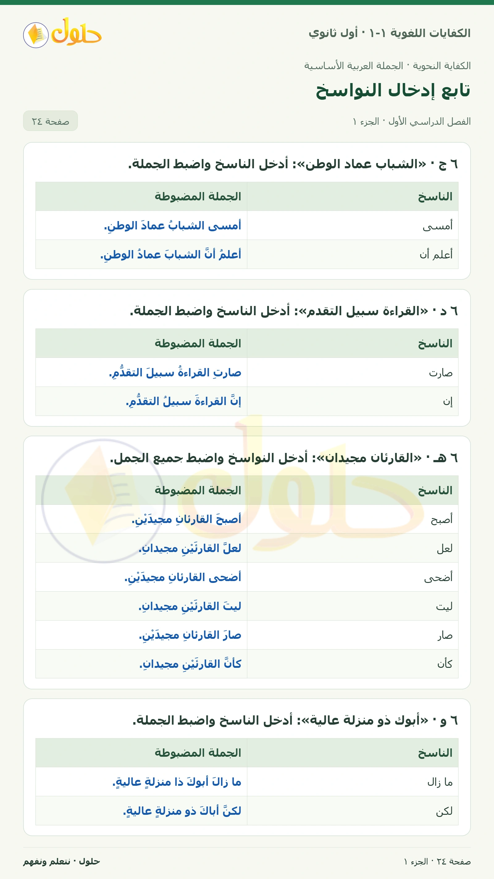تابع إدخال النواسخ صفحة ٢٤ من كتاب الكفايات اللغوية ١-١ لأول ثانوي