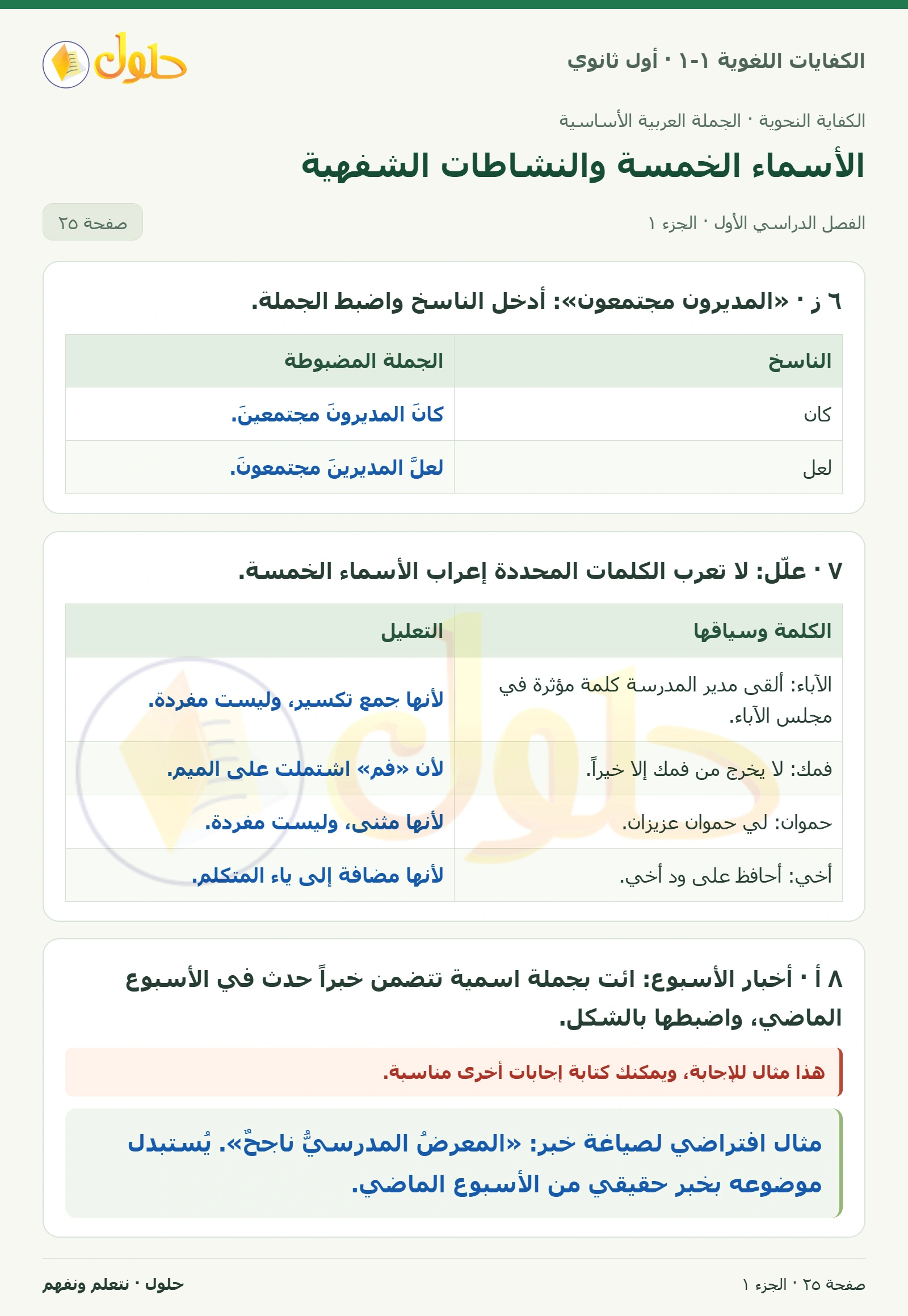 الأسماء الخمسة والنشاطات الشفهية صفحة ٢٥ من كتاب الكفايات اللغوية ١-١ لأول ثانوي