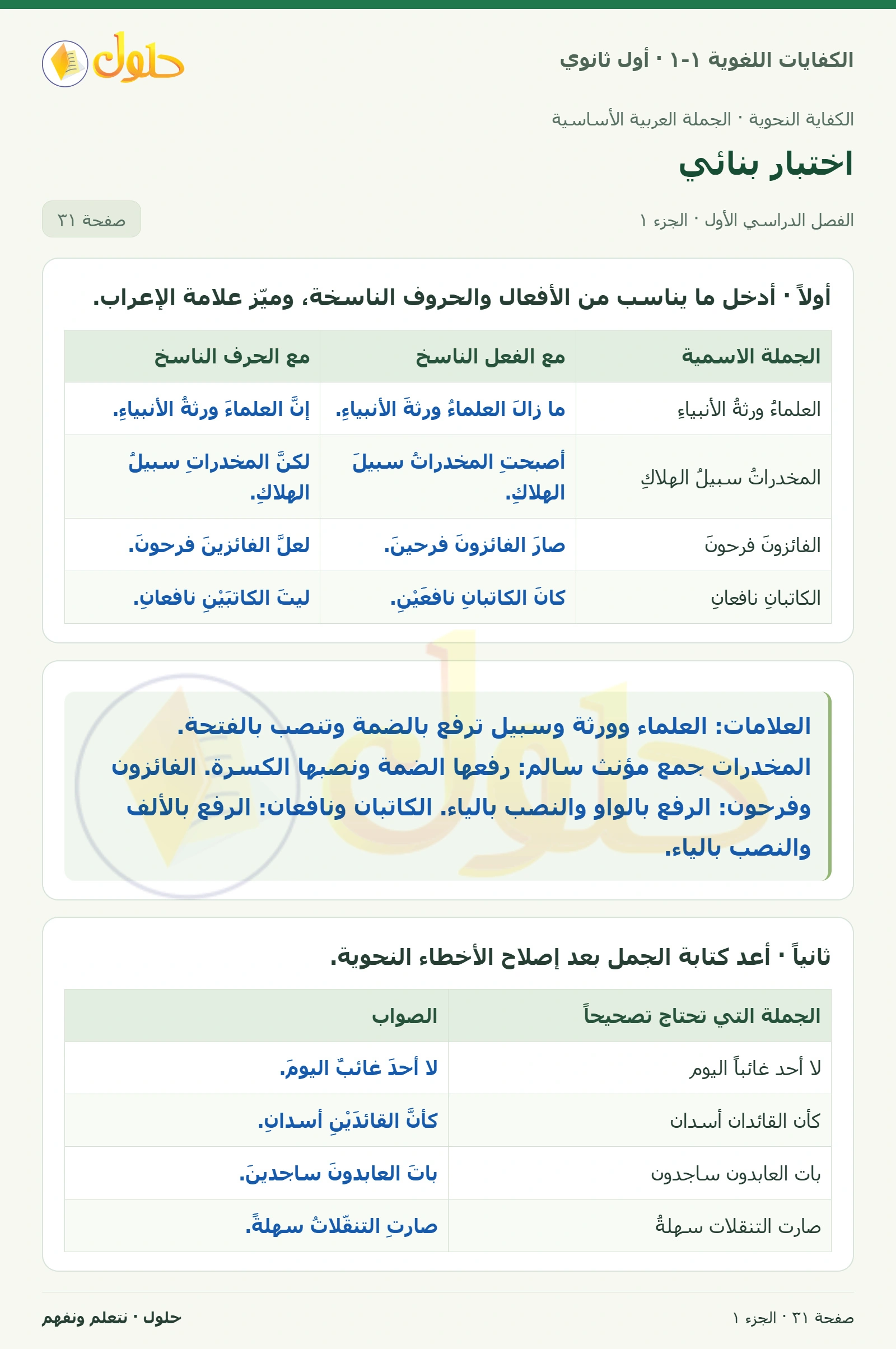اختبار بنائي صفحة ٣١ من كتاب الكفايات اللغوية ١-١ لأول ثانوي