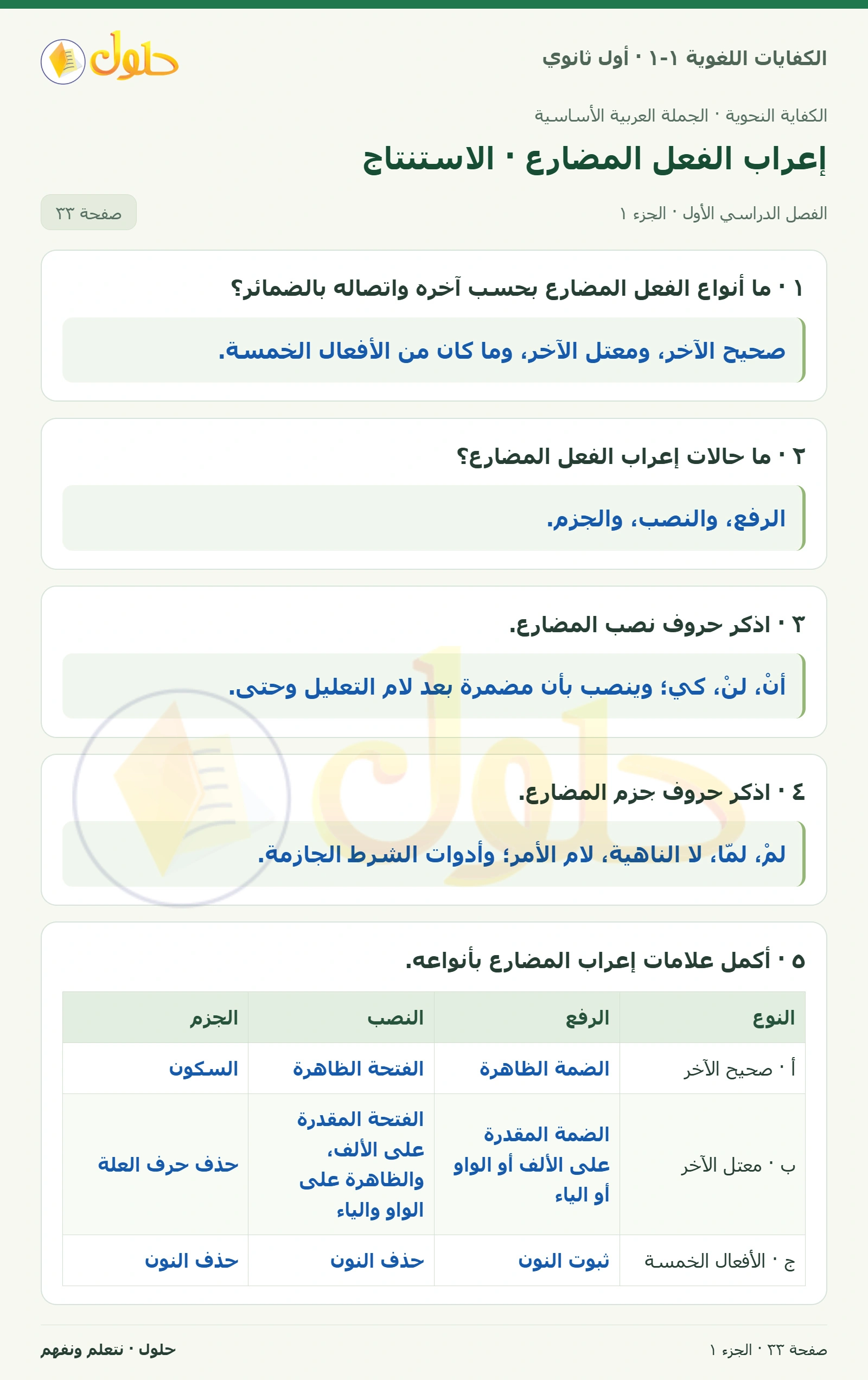 إعراب الفعل المضارع · الاستنتاج صفحة ٣٣ من كتاب الكفايات اللغوية ١-١ لأول ثانوي