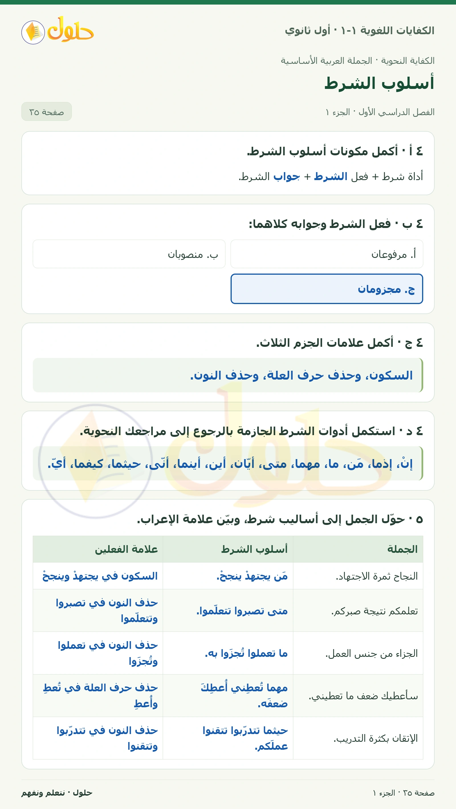 أسلوب الشرط صفحة ٣٥ من كتاب الكفايات اللغوية ١-١ لأول ثانوي