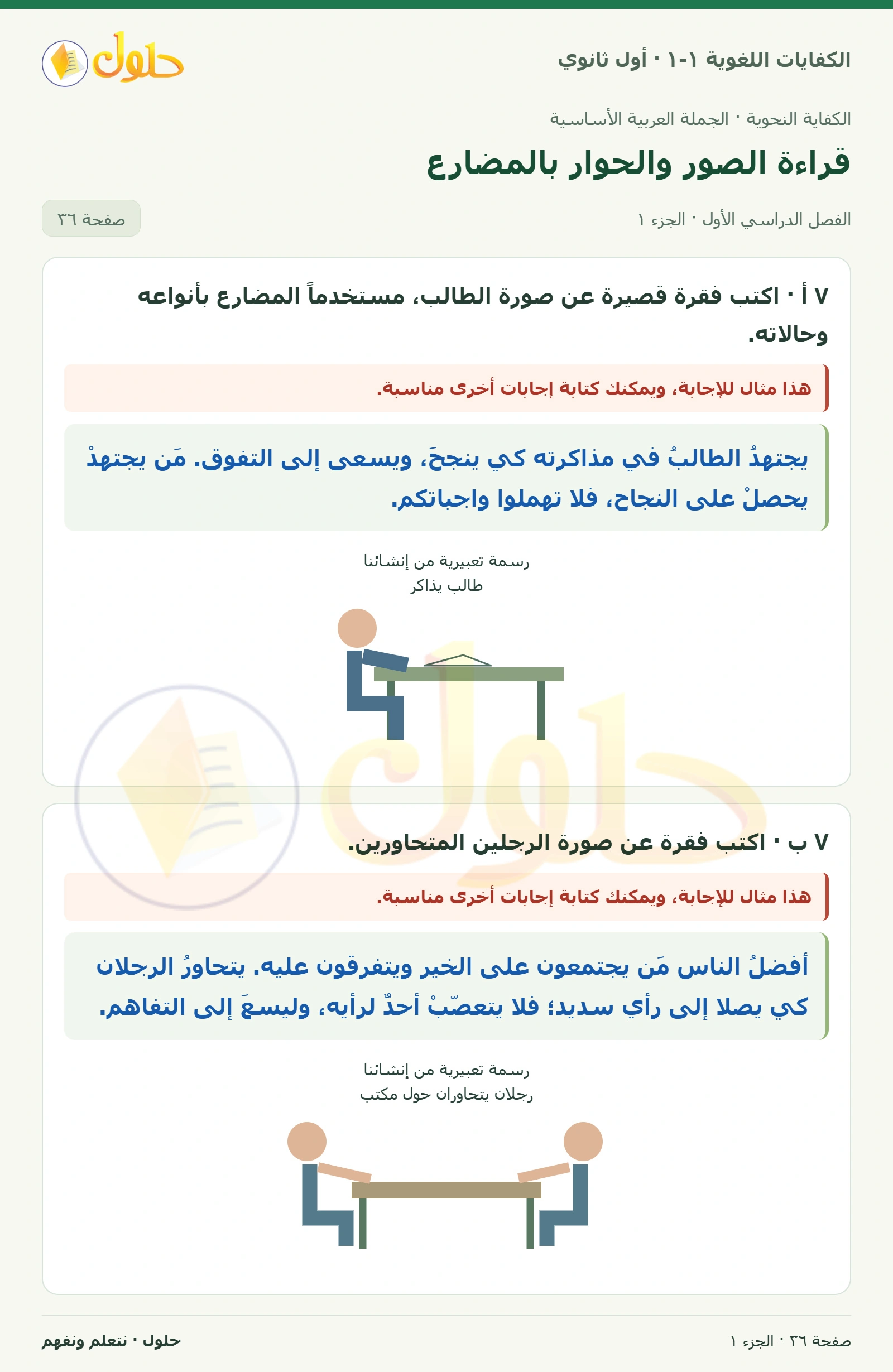 قراءة الصور والحوار بالمضارع صفحة ٣٦ من كتاب الكفايات اللغوية ١-١ لأول ثانوي