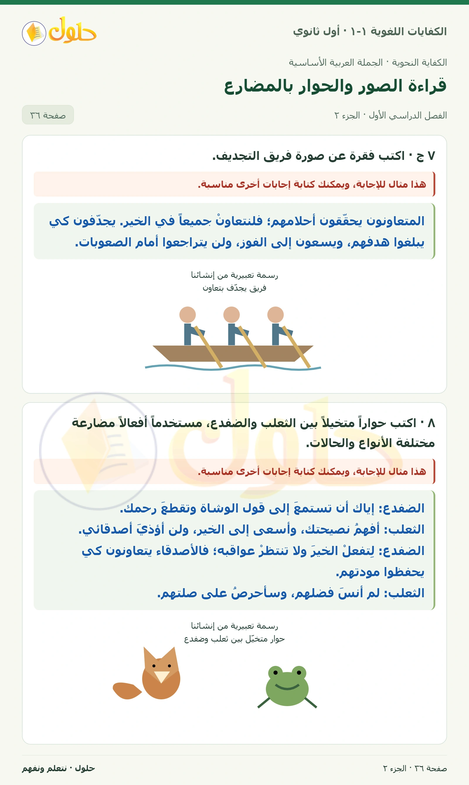 قراءة الصور والحوار بالمضارع صفحة ٣٦ من كتاب الكفايات اللغوية ١-١ لأول ثانوي