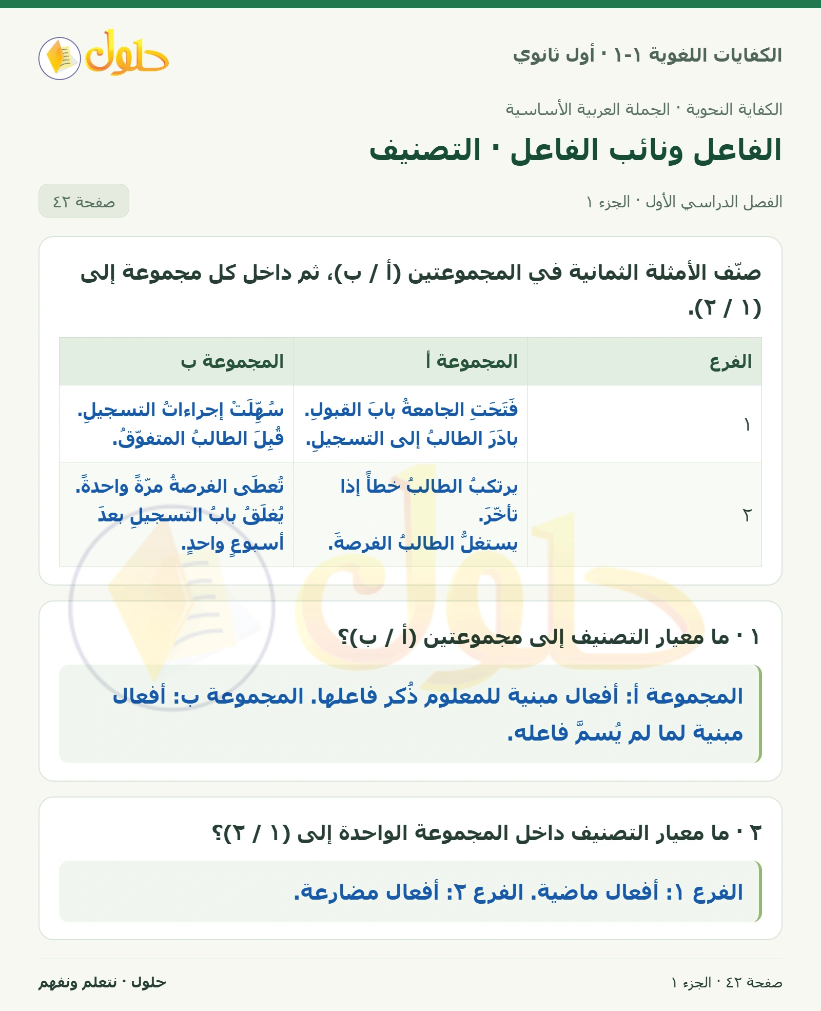 الفاعل ونائب الفاعل · التصنيف صفحة ٤٢ من كتاب الكفايات اللغوية ١-١ لأول ثانوي