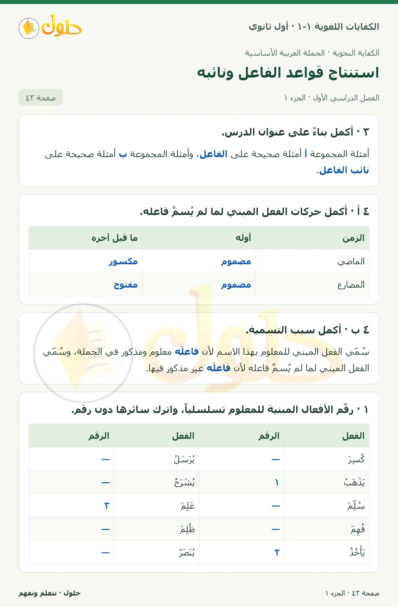استنتاج قواعد الفاعل ونائبه صفحة ٤٣ من كتاب الكفايات اللغوية ١-١ لأول ثانوي