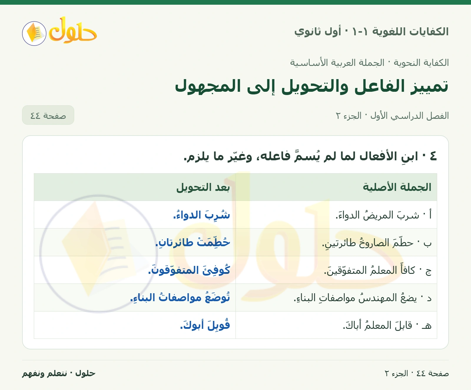 تمييز الفاعل والتحويل إلى المجهول صفحة ٤٤ من كتاب الكفايات اللغوية ١-١ لأول ثانوي