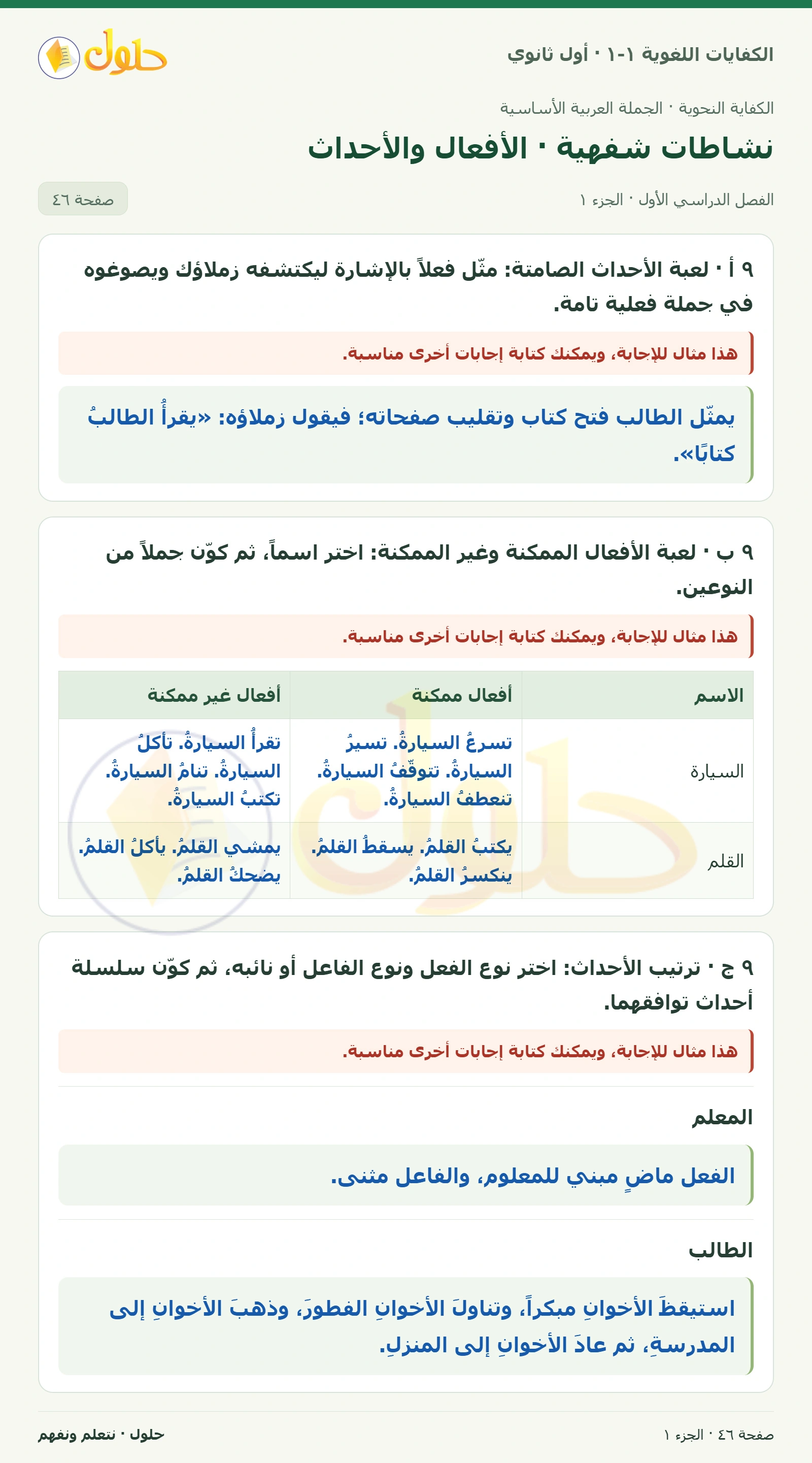 نشاطات شفهية · الأفعال والأحداث صفحة ٤٦ من كتاب الكفايات اللغوية ١-١ لأول ثانوي