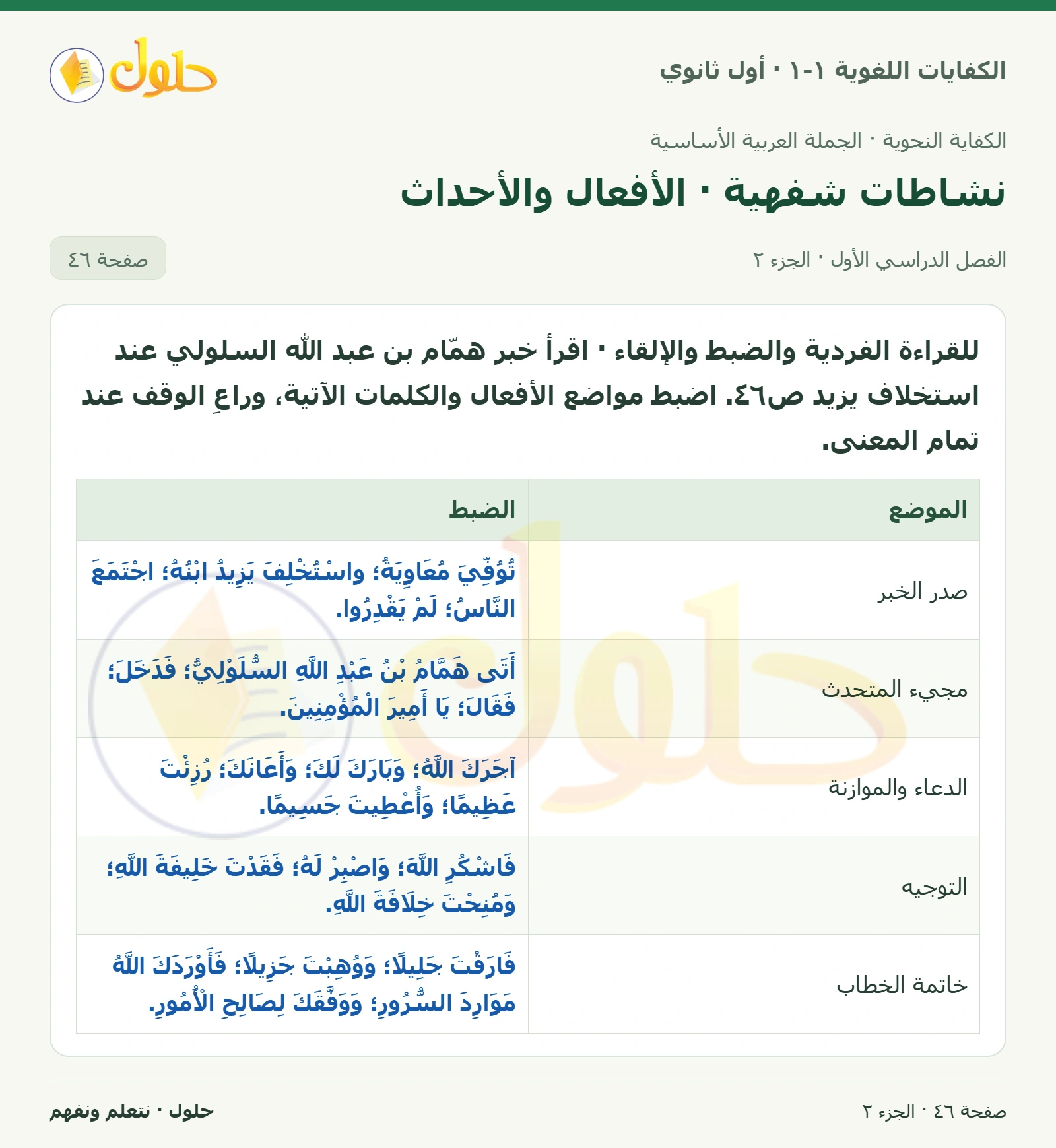 نشاطات شفهية · الأفعال والأحداث صفحة ٤٦ من كتاب الكفايات اللغوية ١-١ لأول ثانوي