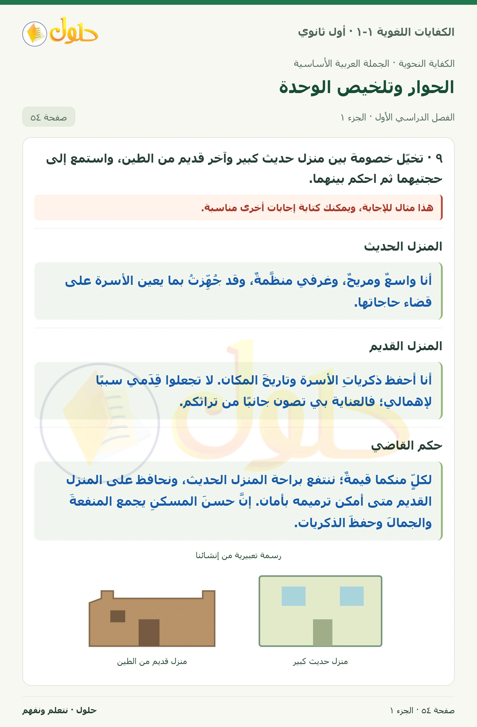 الحوار وتلخيص الوحدة صفحة ٥٤ من كتاب الكفايات اللغوية ١-١ لأول ثانوي