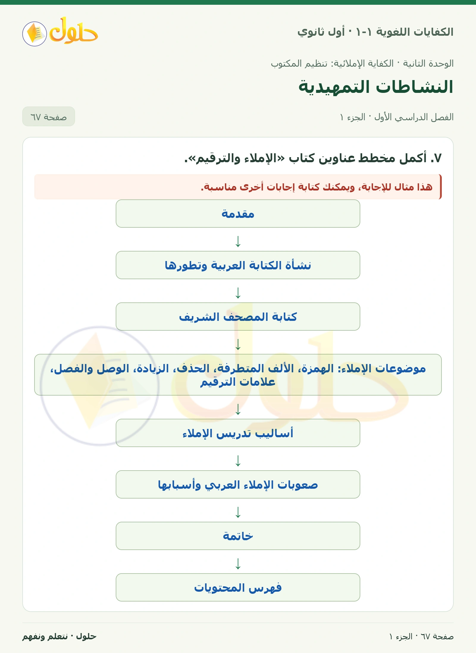 النشاطات التمهيدية صفحة ٦٧ من كتاب الكفايات اللغوية ١-١ لأول ثانوي