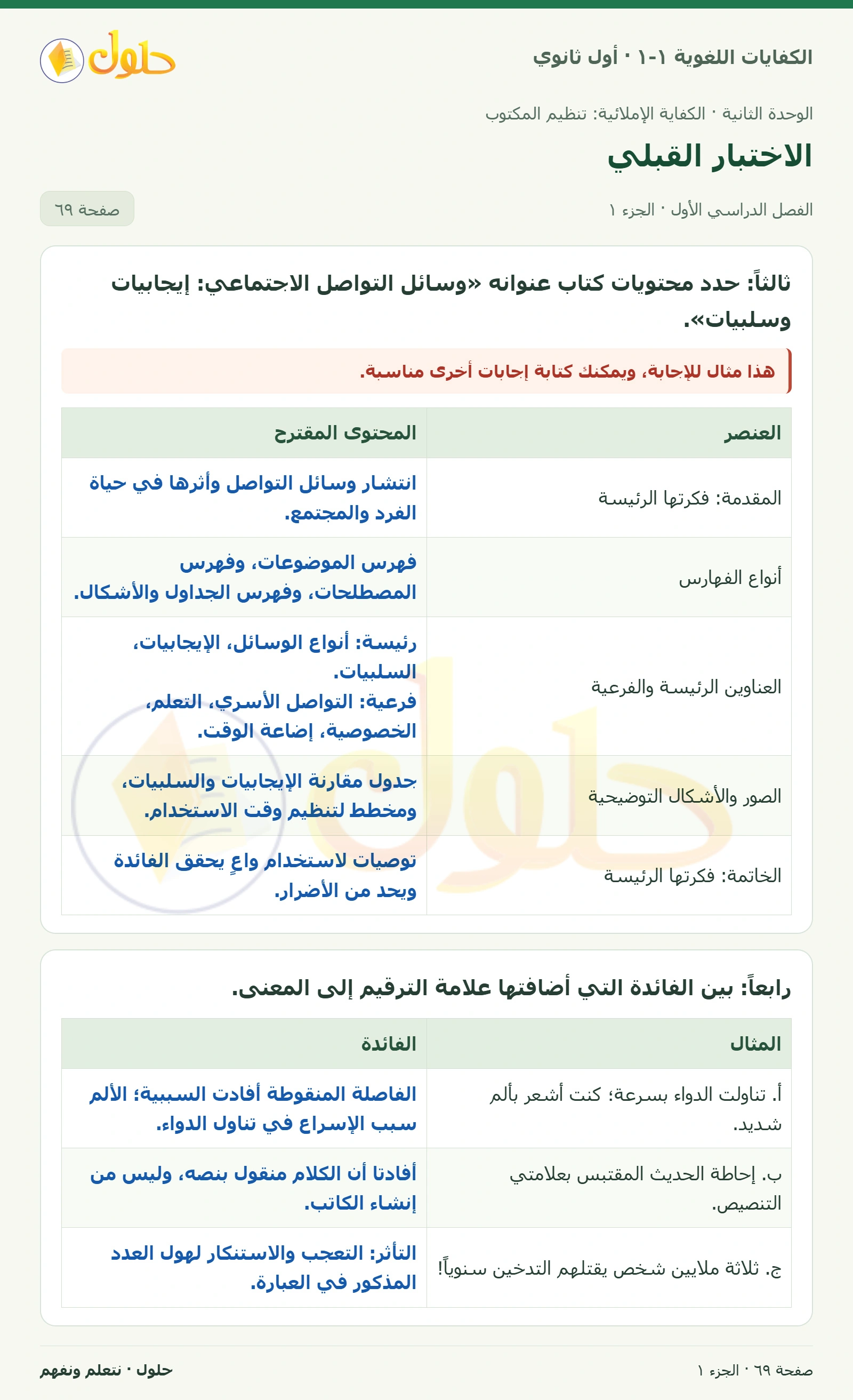 الاختبار القبلي صفحة ٦٩ من كتاب الكفايات اللغوية ١-١ لأول ثانوي