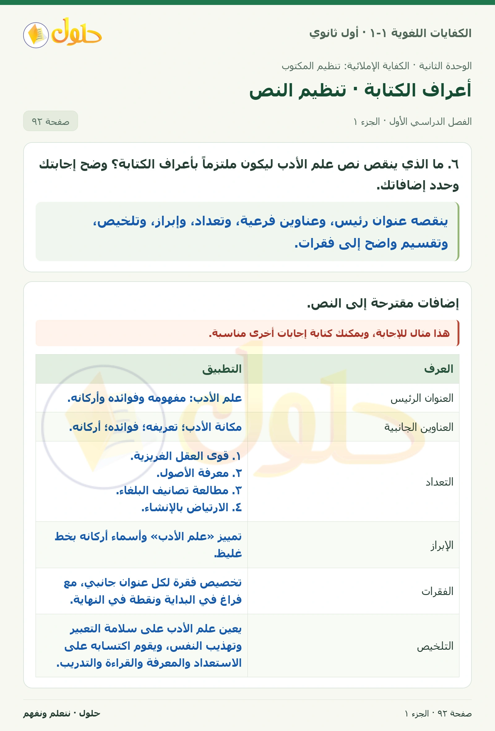 أعراف الكتابة · تنظيم النص صفحة ٩٢ من كتاب الكفايات اللغوية ١-١ لأول ثانوي