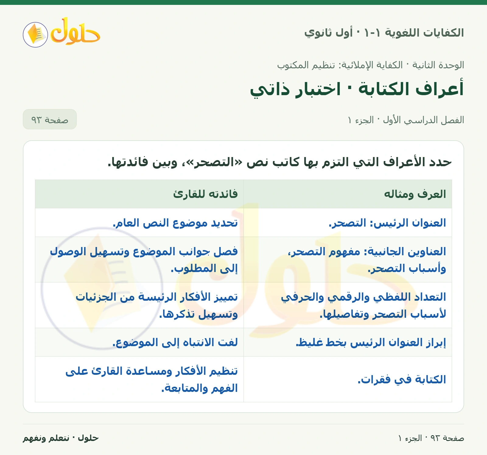 أعراف الكتابة · اختبار ذاتي صفحة ٩٣ من كتاب الكفايات اللغوية ١-١ لأول ثانوي
