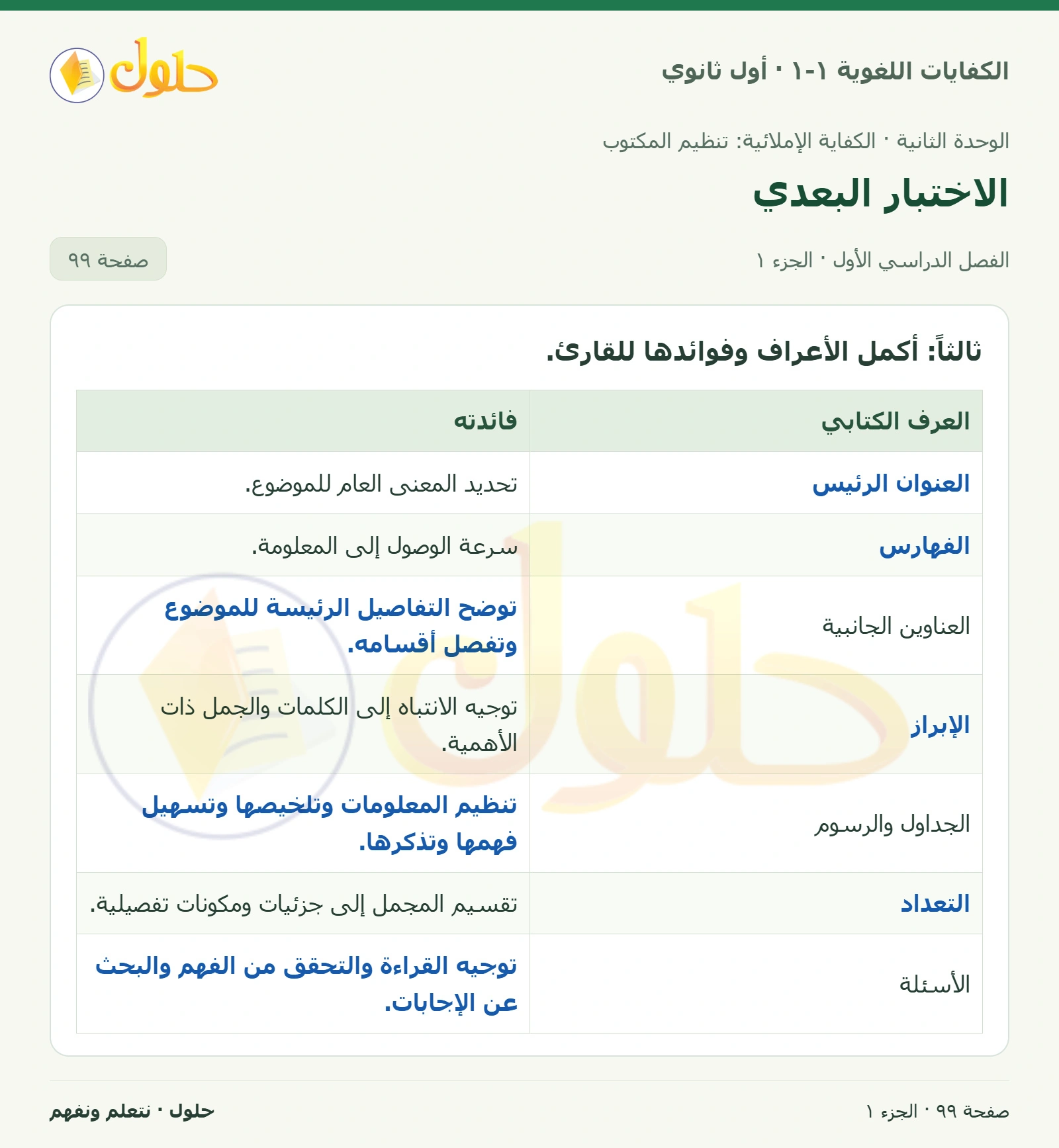 الاختبار البعدي صفحة ٩٩ من كتاب الكفايات اللغوية ١-١ لأول ثانوي