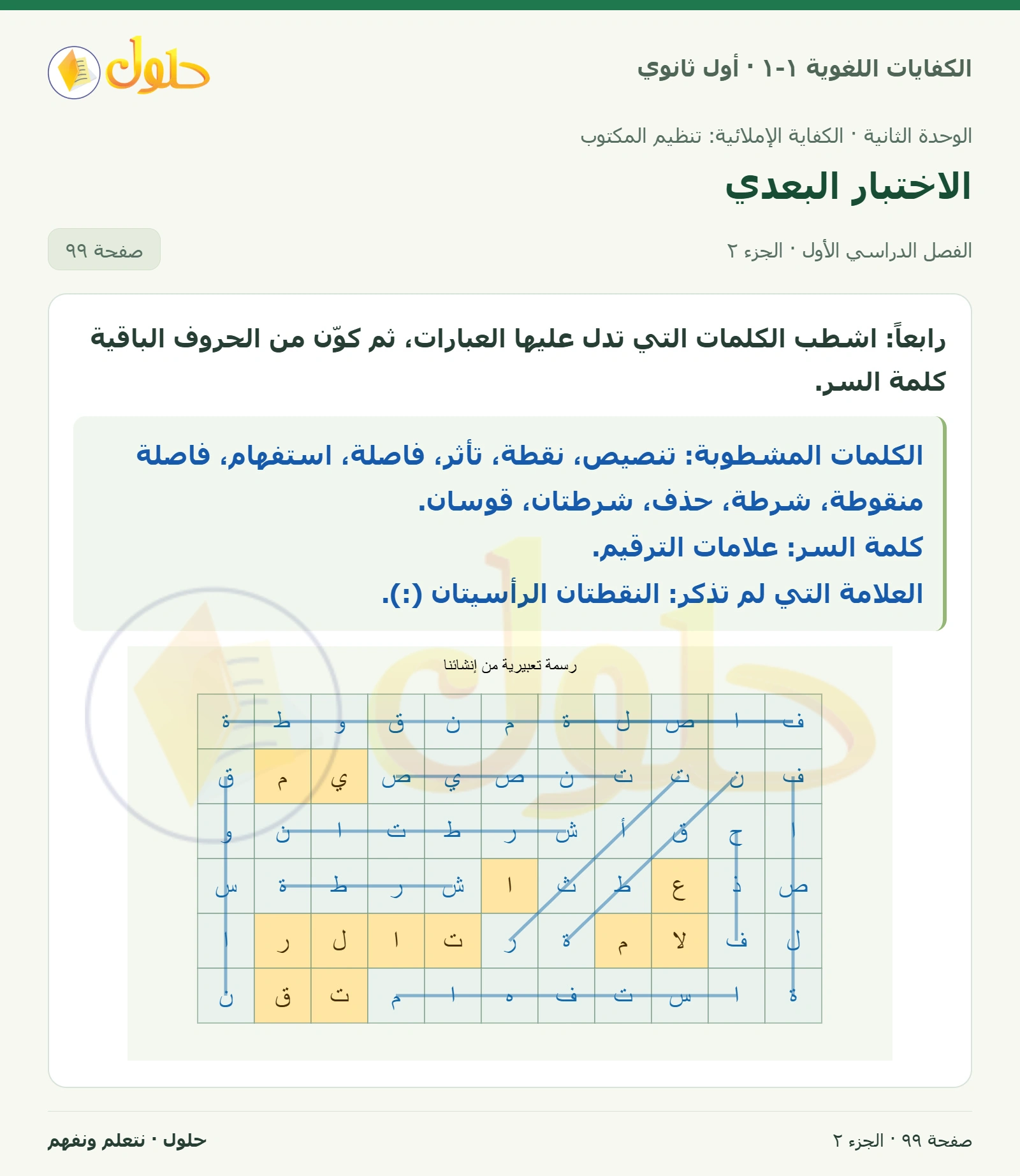 الاختبار البعدي صفحة ٩٩ من كتاب الكفايات اللغوية ١-١ لأول ثانوي