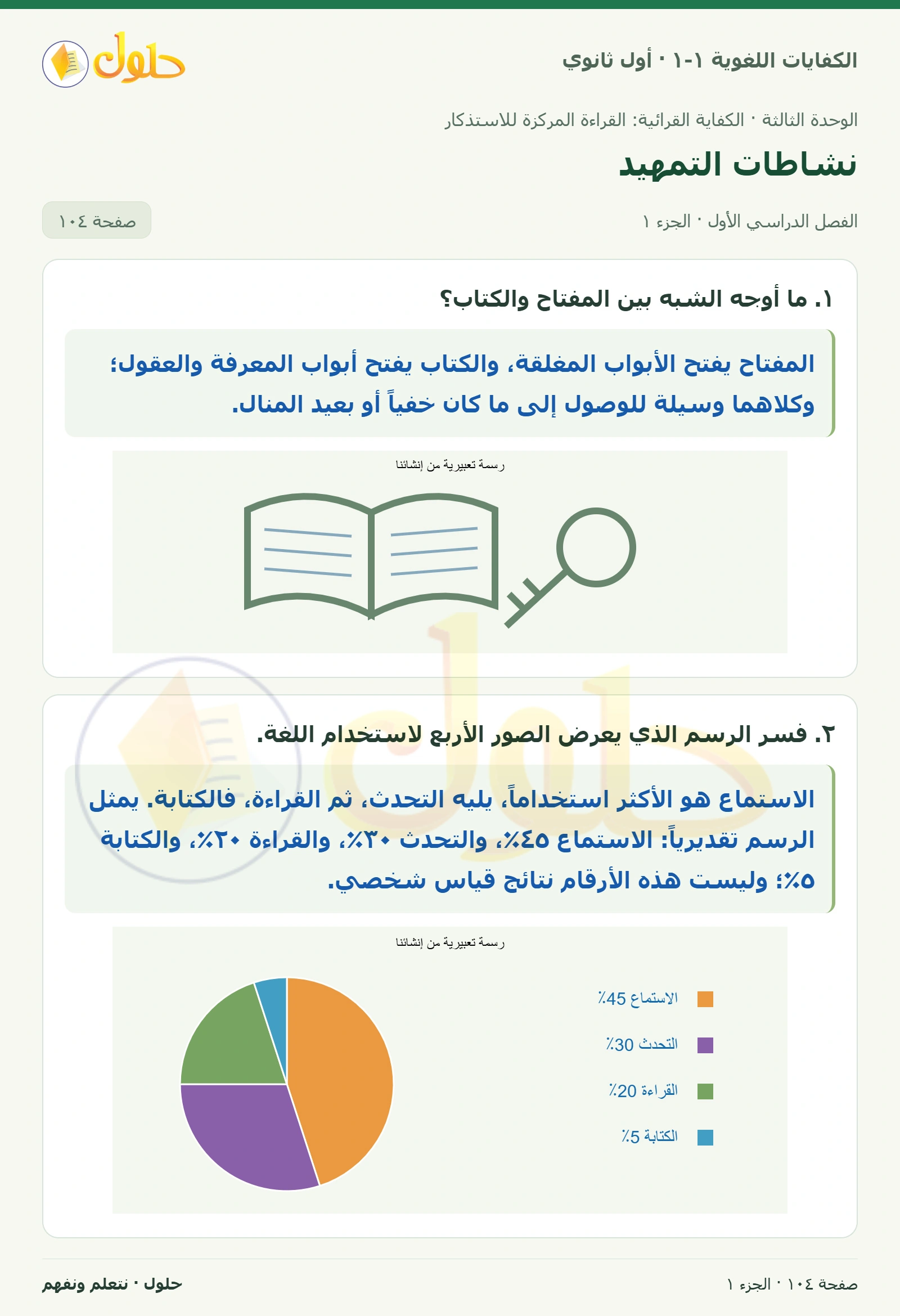 نشاطات التمهيد صفحة ١٠٤ من كتاب الكفايات اللغوية ١-١ لأول ثانوي
