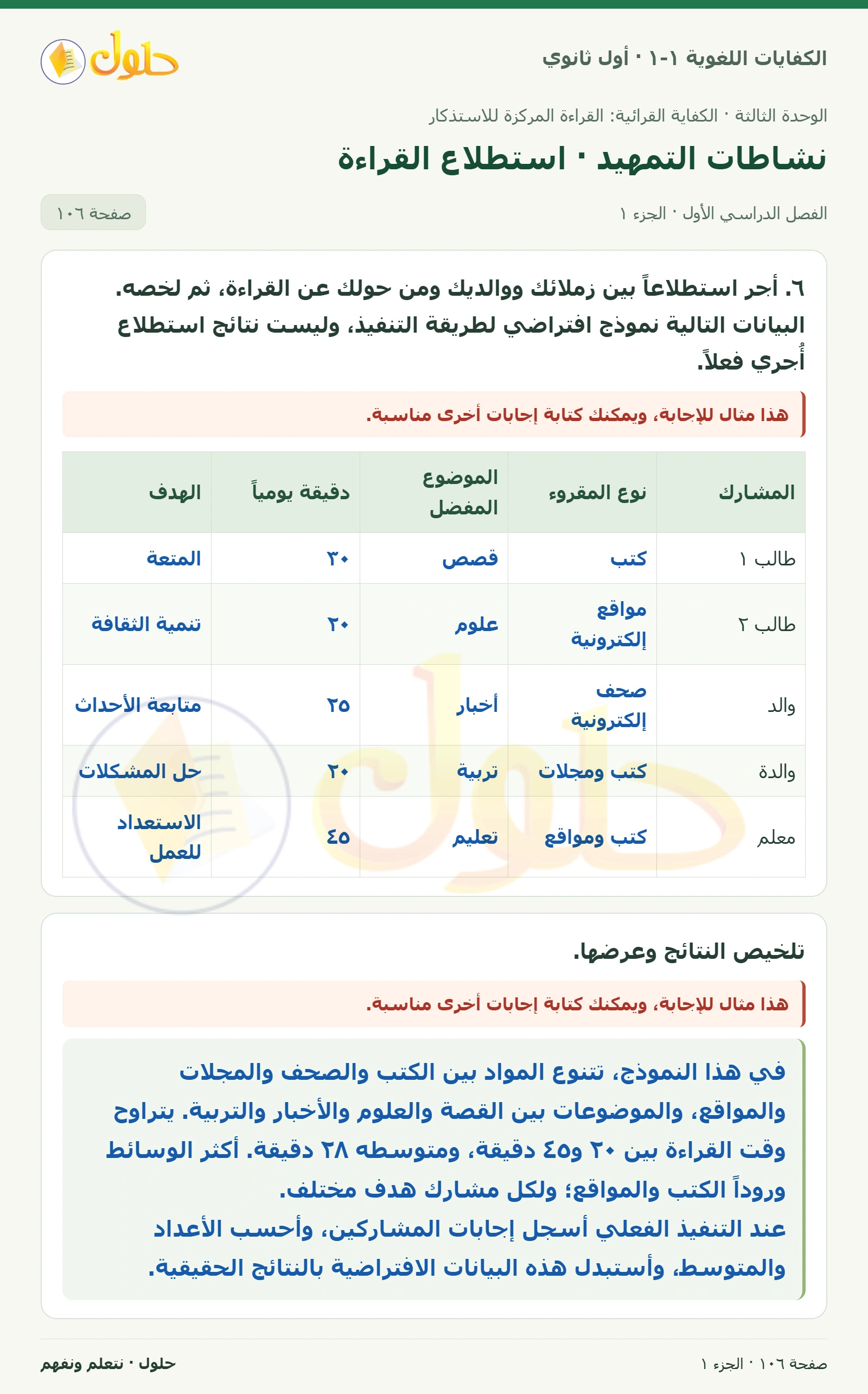 نشاطات التمهيد · استطلاع القراءة صفحة ١٠٦ من كتاب الكفايات اللغوية ١-١ لأول ثانوي