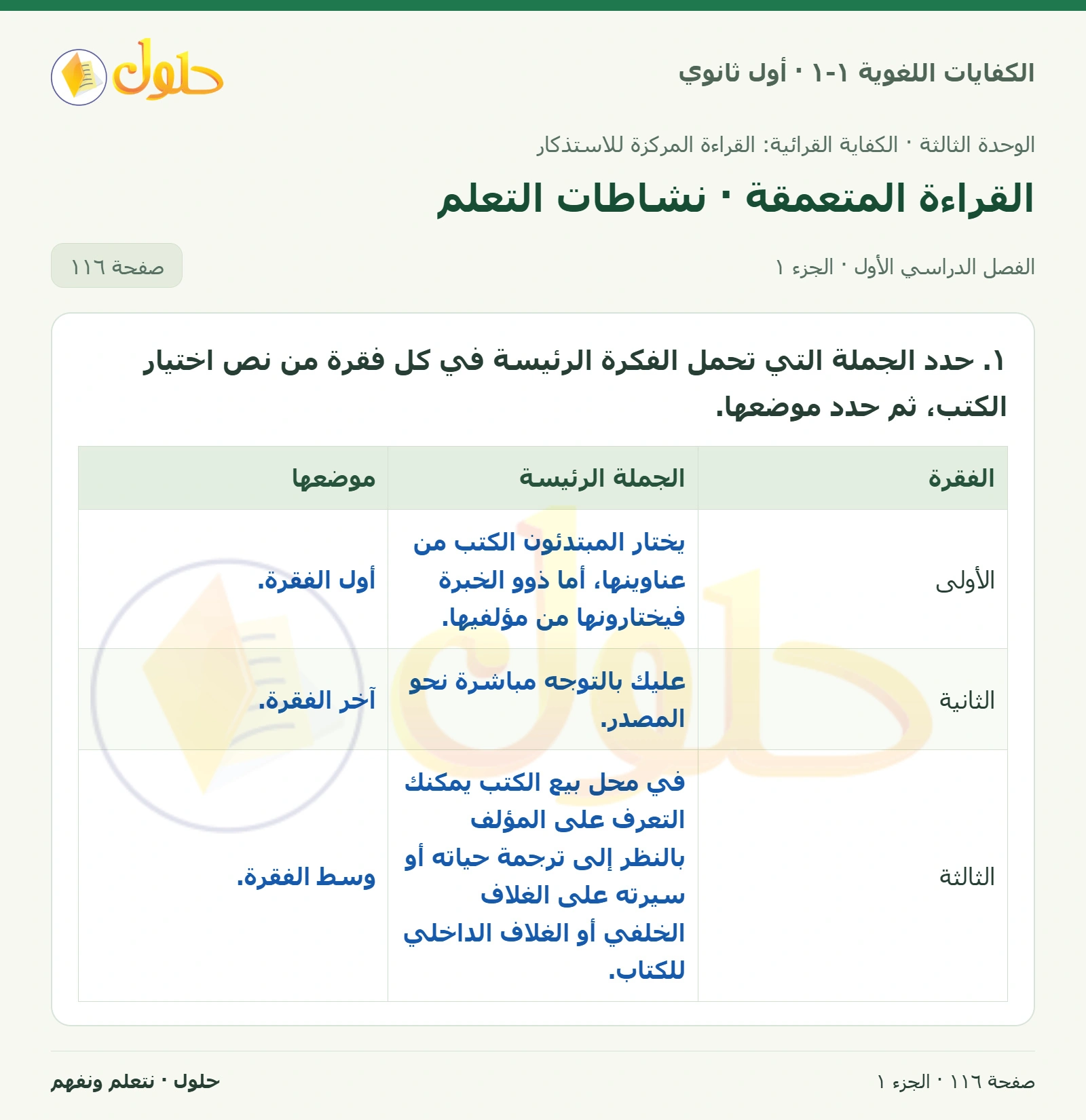 القراءة المتعمقة · نشاطات التعلم صفحة ١١٦ من كتاب الكفايات اللغوية ١-١ لأول ثانوي