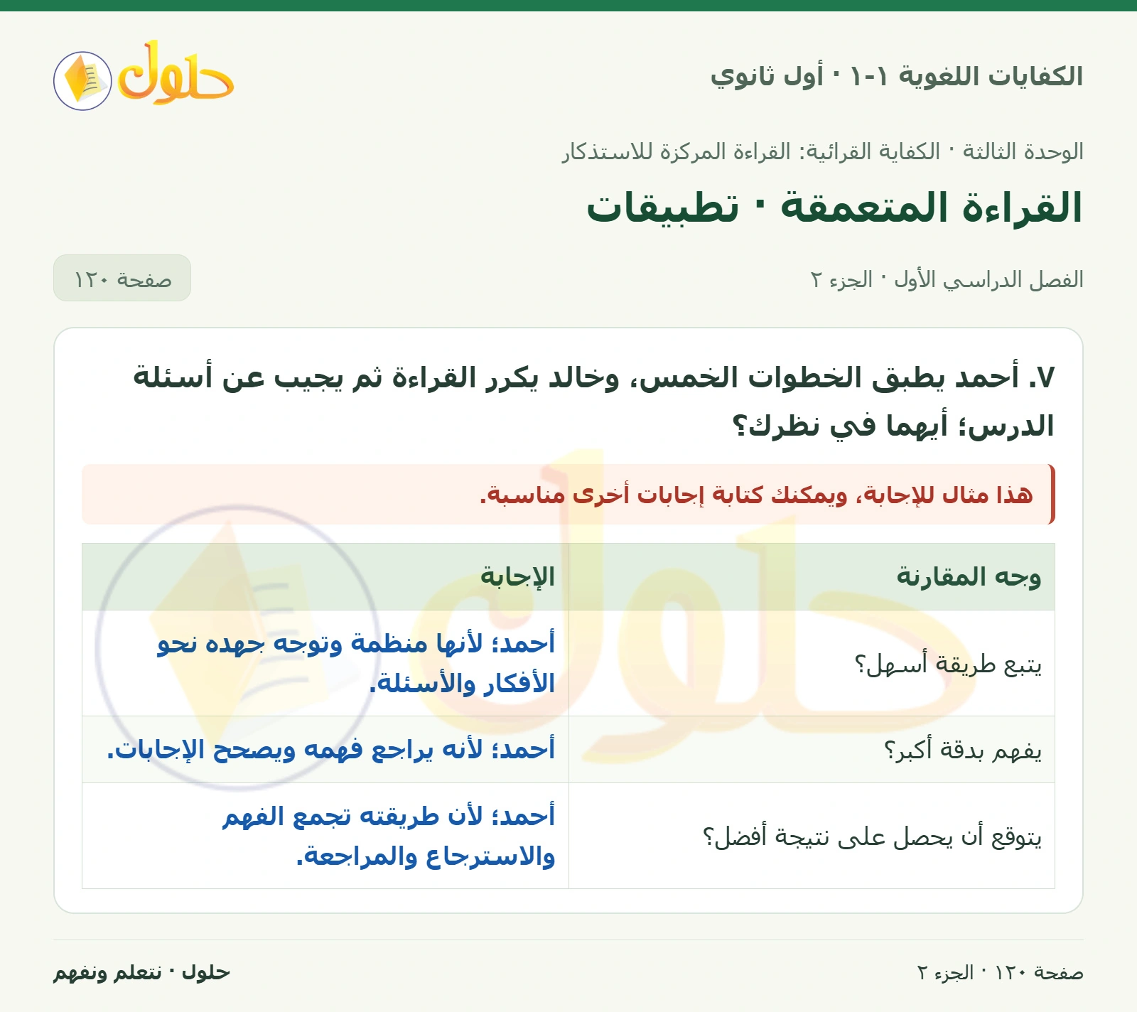 القراءة المتعمقة · تطبيقات صفحة ١٢٠ من كتاب الكفايات اللغوية ١-١ لأول ثانوي