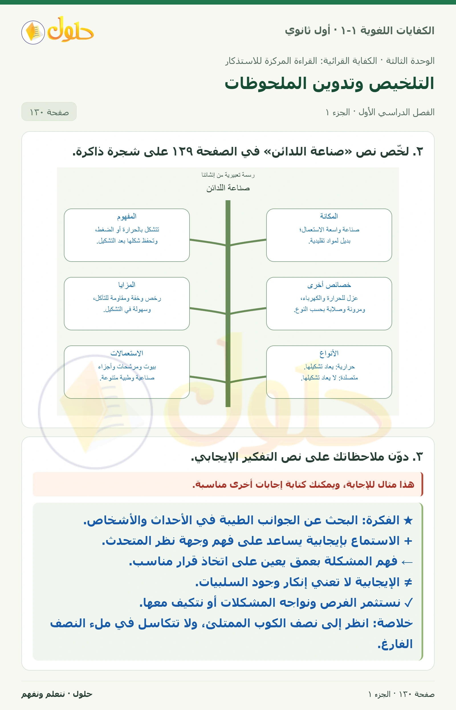 التلخيص وتدوين الملحوظات صفحة ١٣٠ من كتاب الكفايات اللغوية ١-١ لأول ثانوي