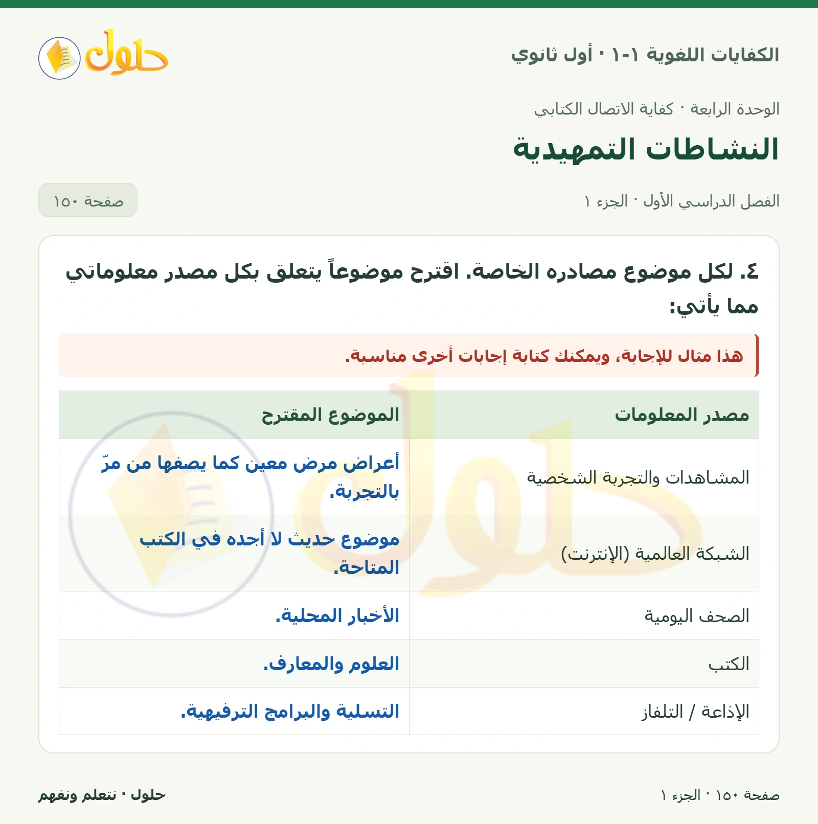 النشاطات التمهيدية صفحة ١٥٠ من كتاب الكفايات اللغوية ١-١ لأول ثانوي