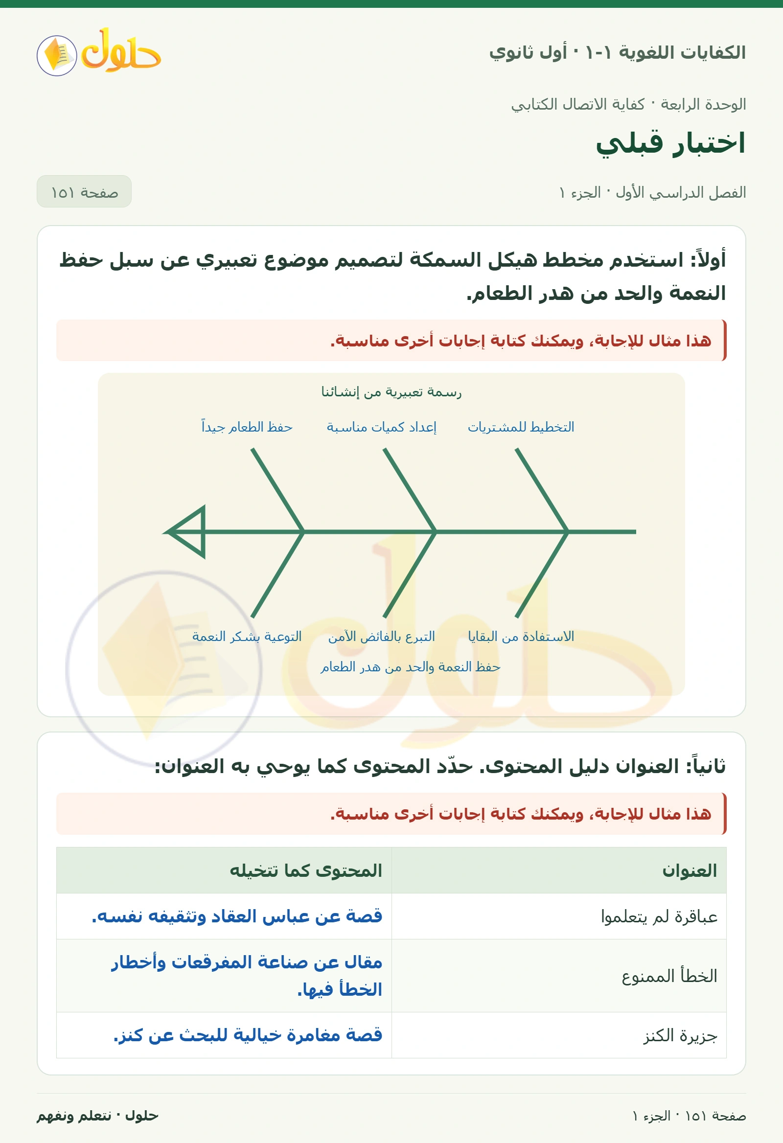 اختبار قبلي صفحة ١٥١ من كتاب الكفايات اللغوية ١-١ لأول ثانوي