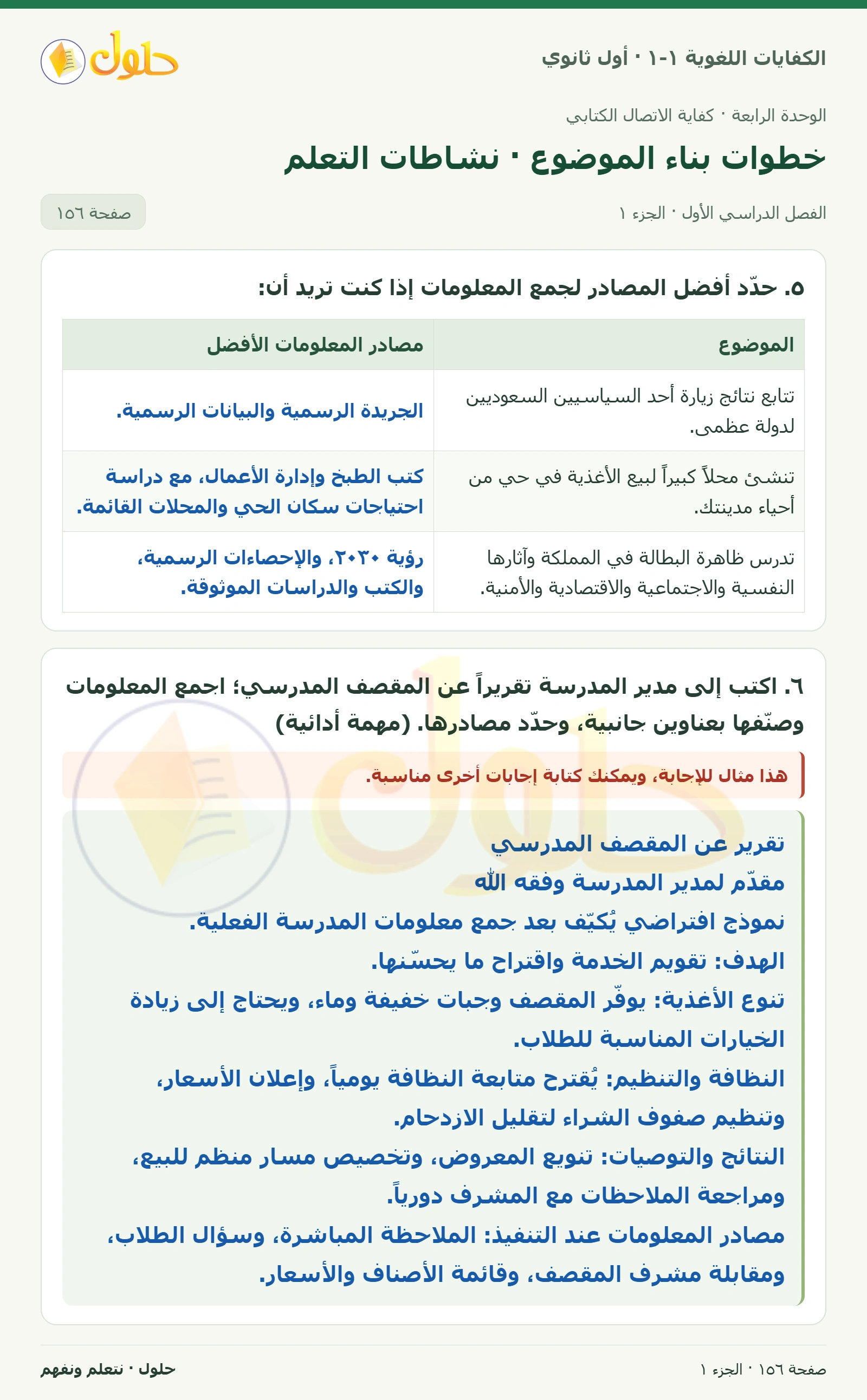 خطوات بناء الموضوع · نشاطات التعلم صفحة ١٥٦ من كتاب الكفايات اللغوية ١-١ لأول ثانوي