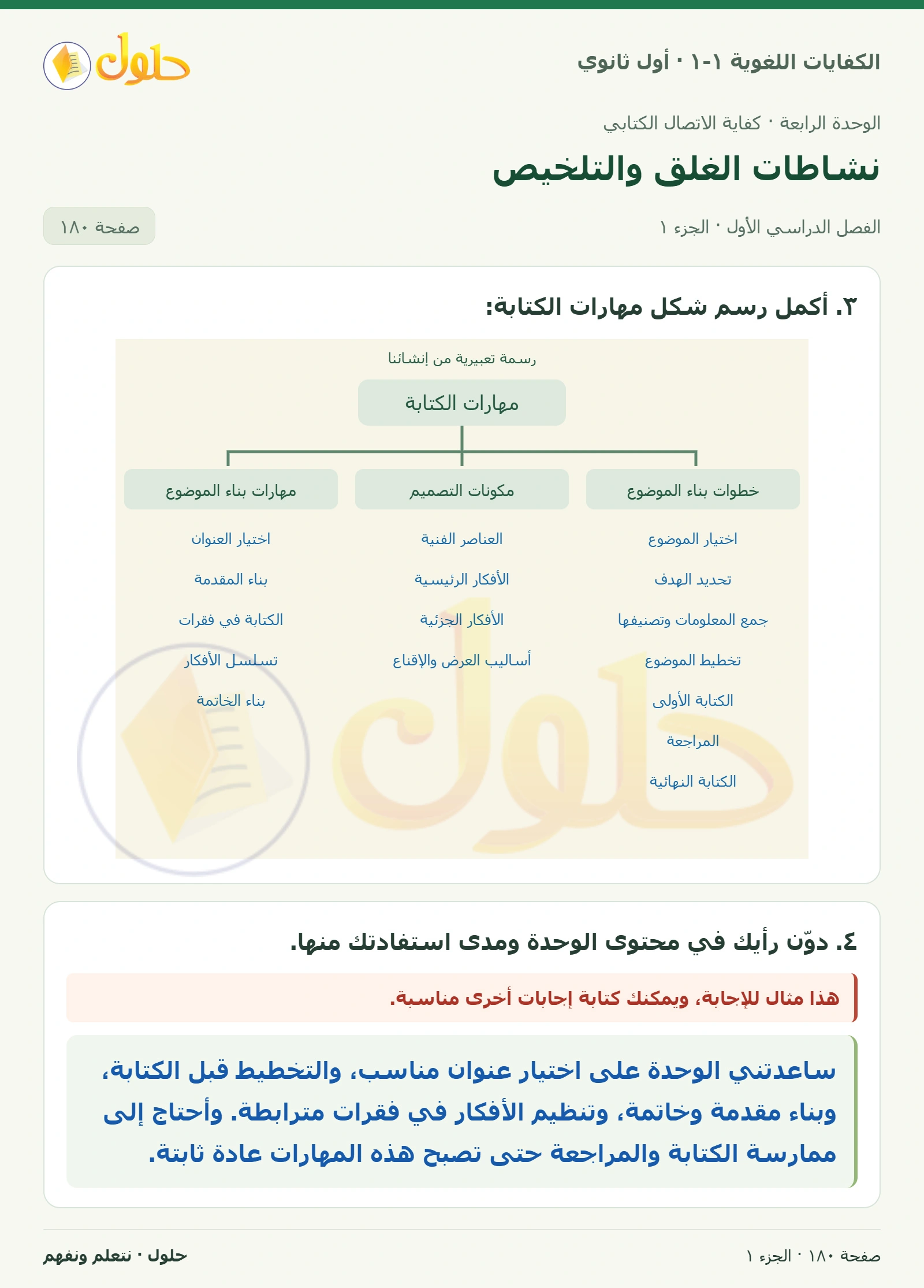 نشاطات الغلق والتلخيص صفحة ١٨٠ من كتاب الكفايات اللغوية ١-١ لأول ثانوي