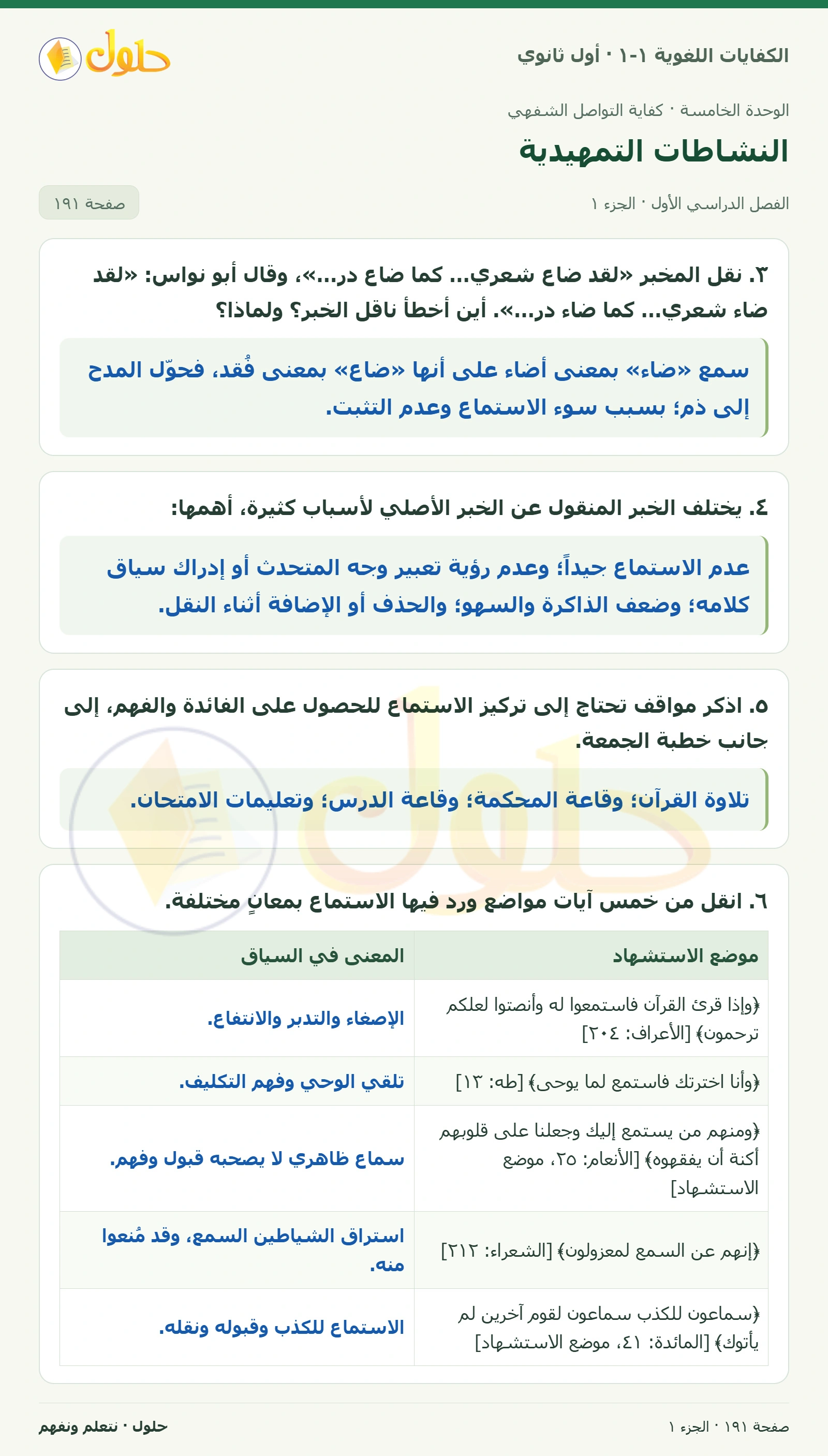 النشاطات التمهيدية صفحة ١٩١ من كتاب الكفايات اللغوية ١-١ لأول ثانوي