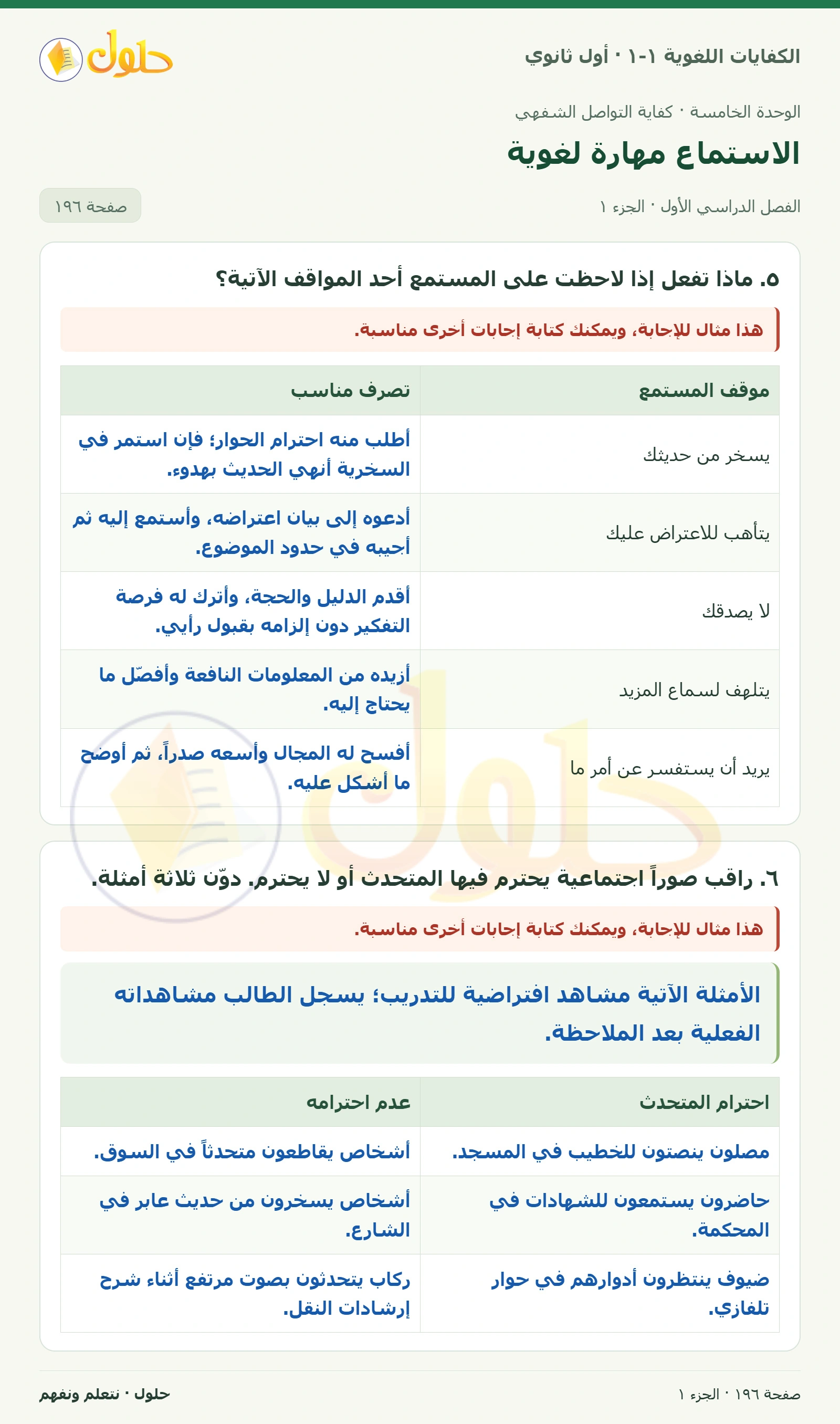 الاستماع مهارة لغوية صفحة ١٩٦ من كتاب الكفايات اللغوية ١-١ لأول ثانوي