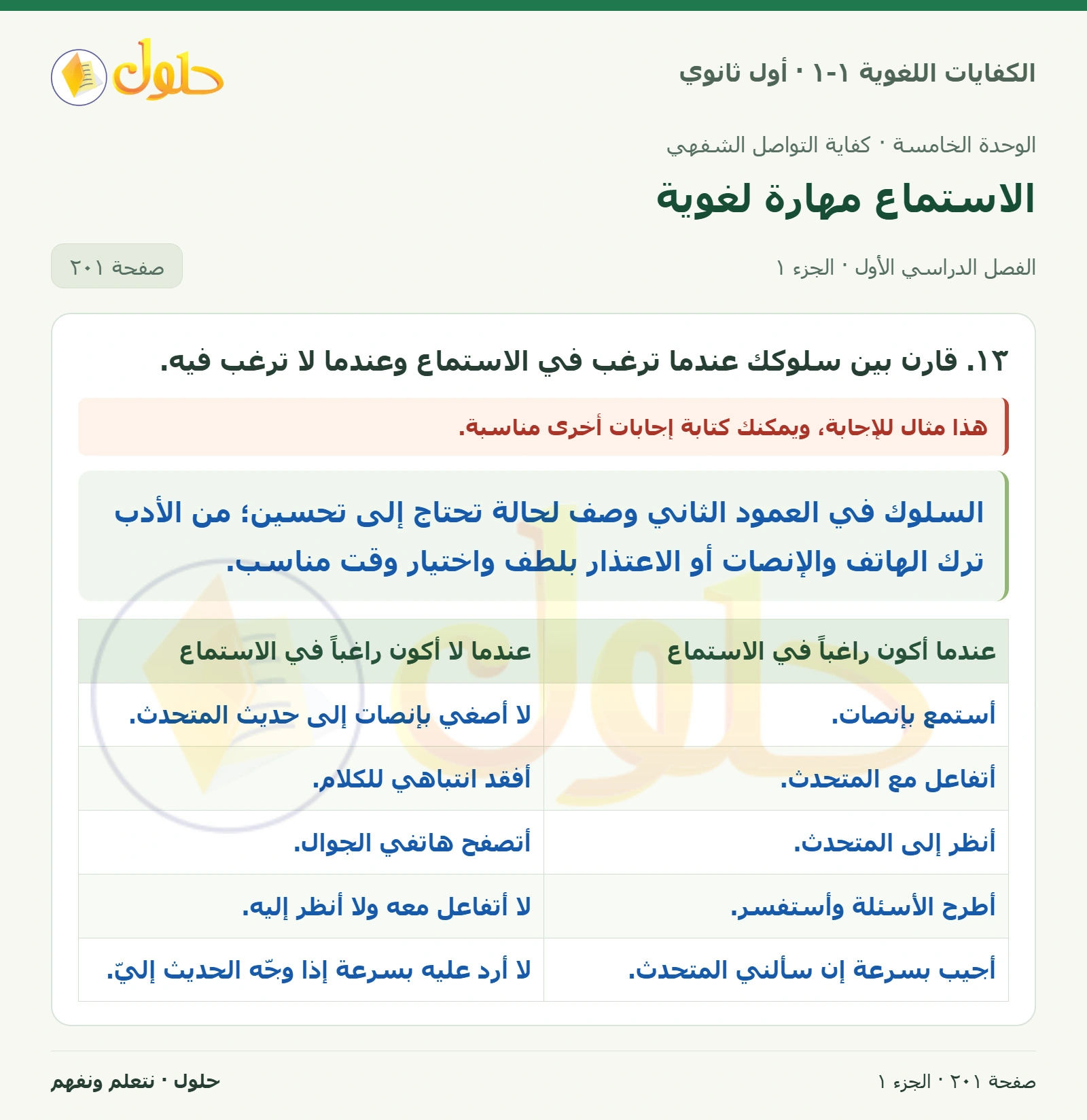 الاستماع مهارة لغوية صفحة ٢٠١ من كتاب الكفايات اللغوية ١-١ لأول ثانوي