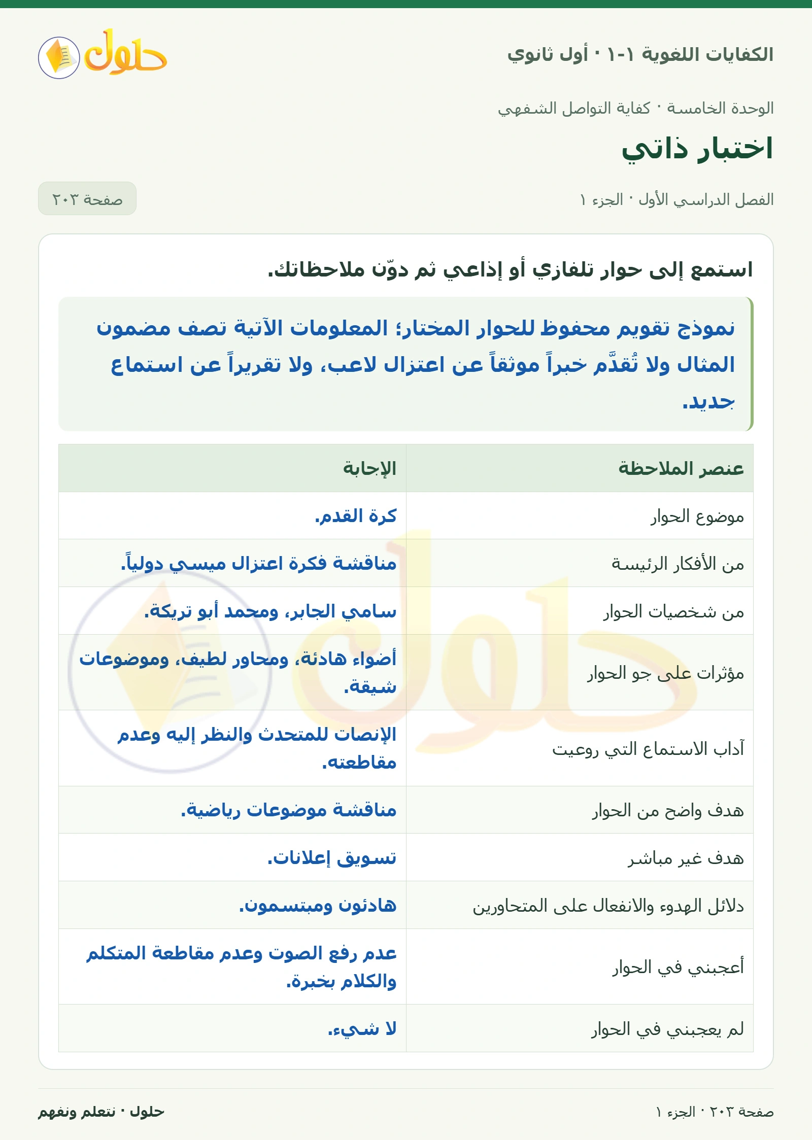اختبار ذاتي صفحة ٢٠٣ من كتاب الكفايات اللغوية ١-١ لأول ثانوي