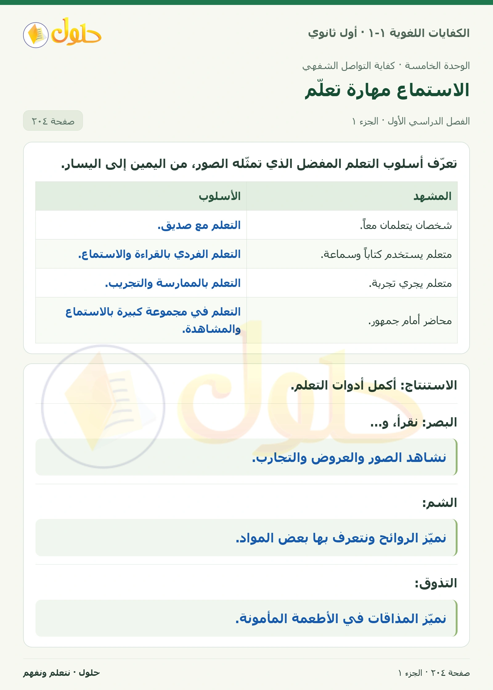 الاستماع مهارة تعلّم صفحة ٢٠٤ من كتاب الكفايات اللغوية ١-١ لأول ثانوي
